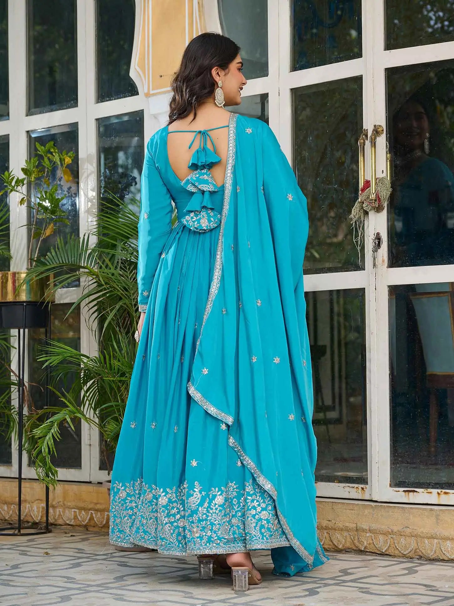 Bondi Blue Sequins Embroidery Work Silk Gown And Dupatta - qivii