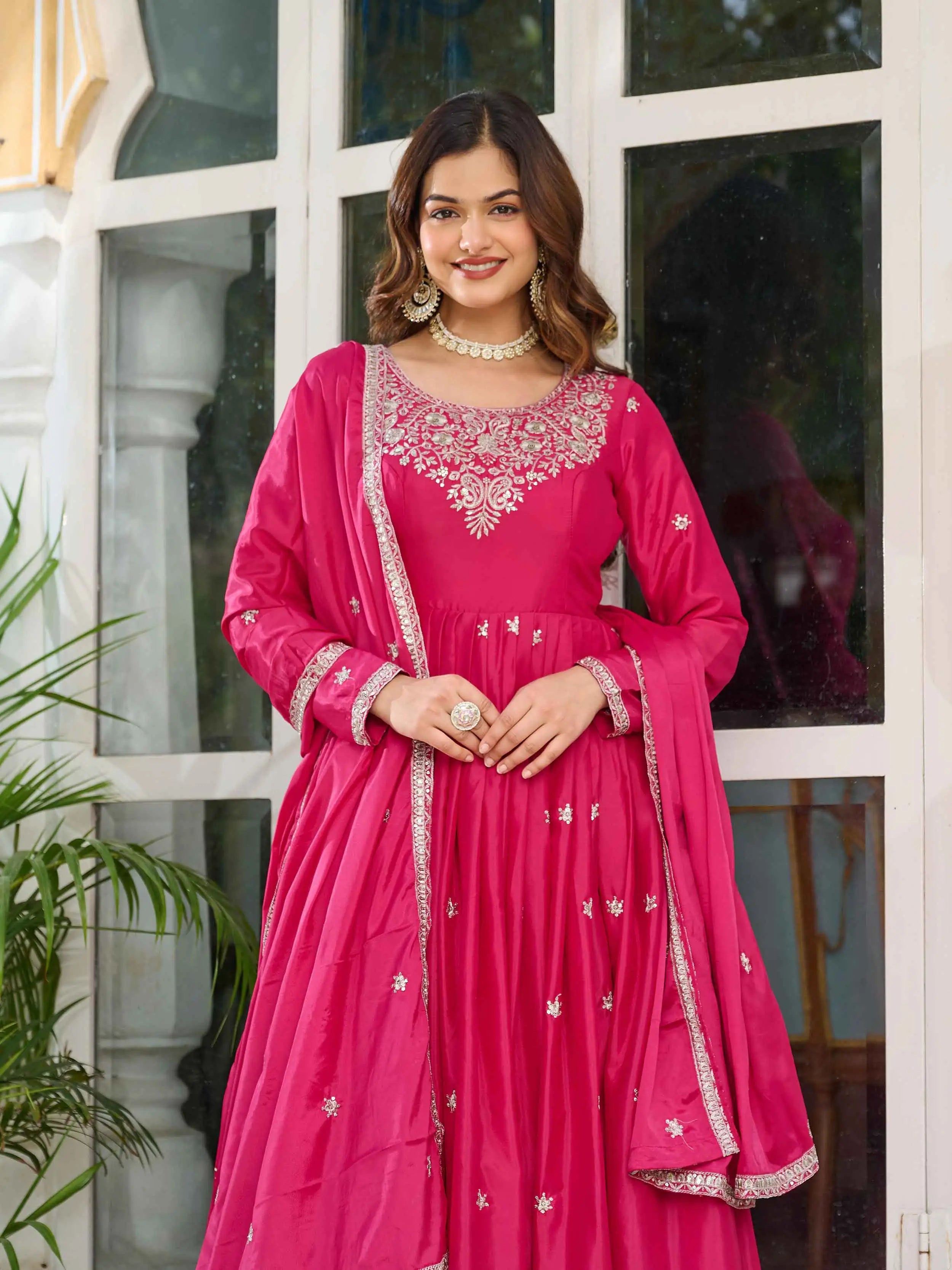Beautiful Pink Sequins Embroidery Work Silk Gown And Dupatta - qivii