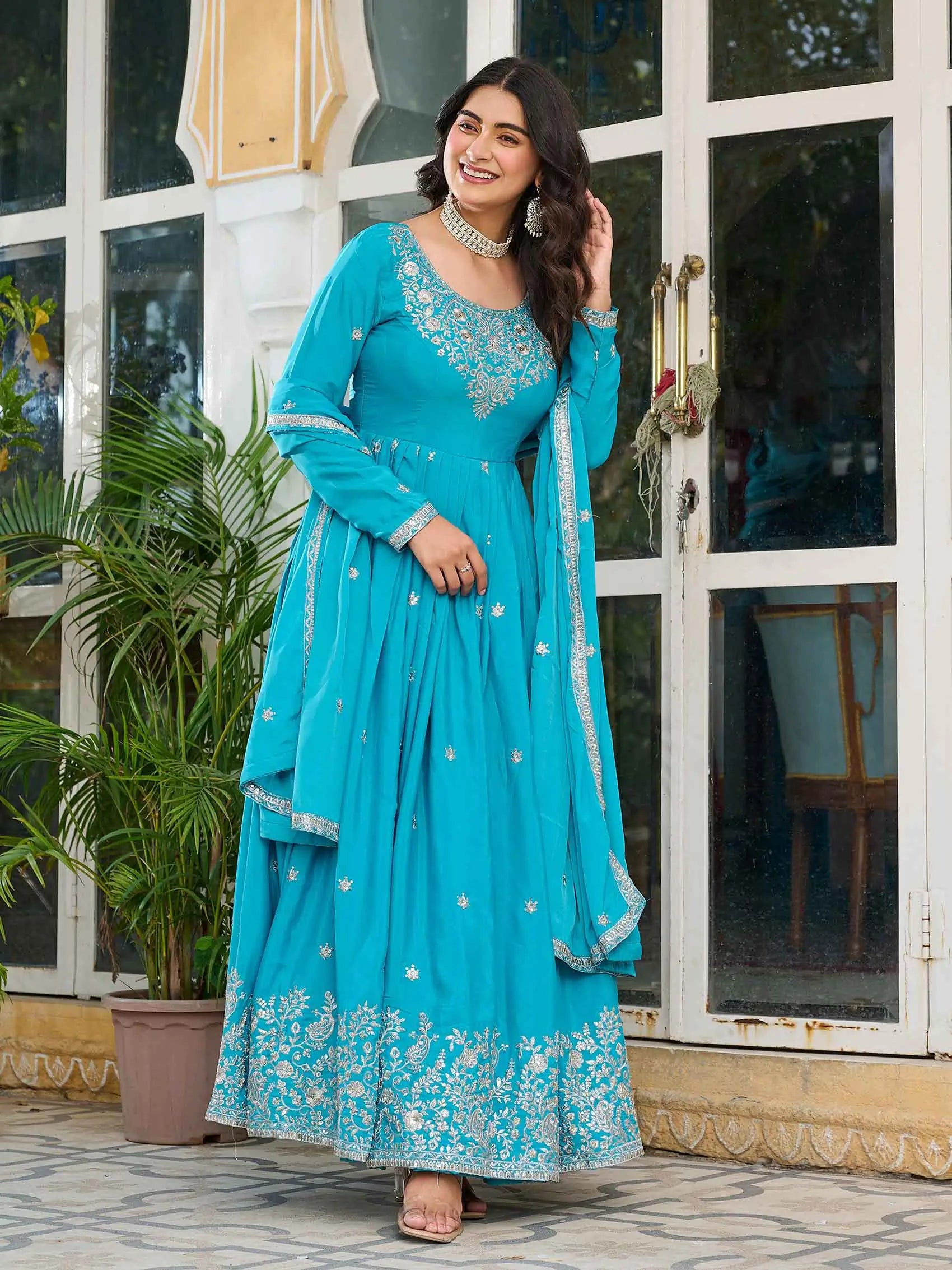 Bondi Blue Sequins Embroidery Work Silk Gown And Dupatta - qivii