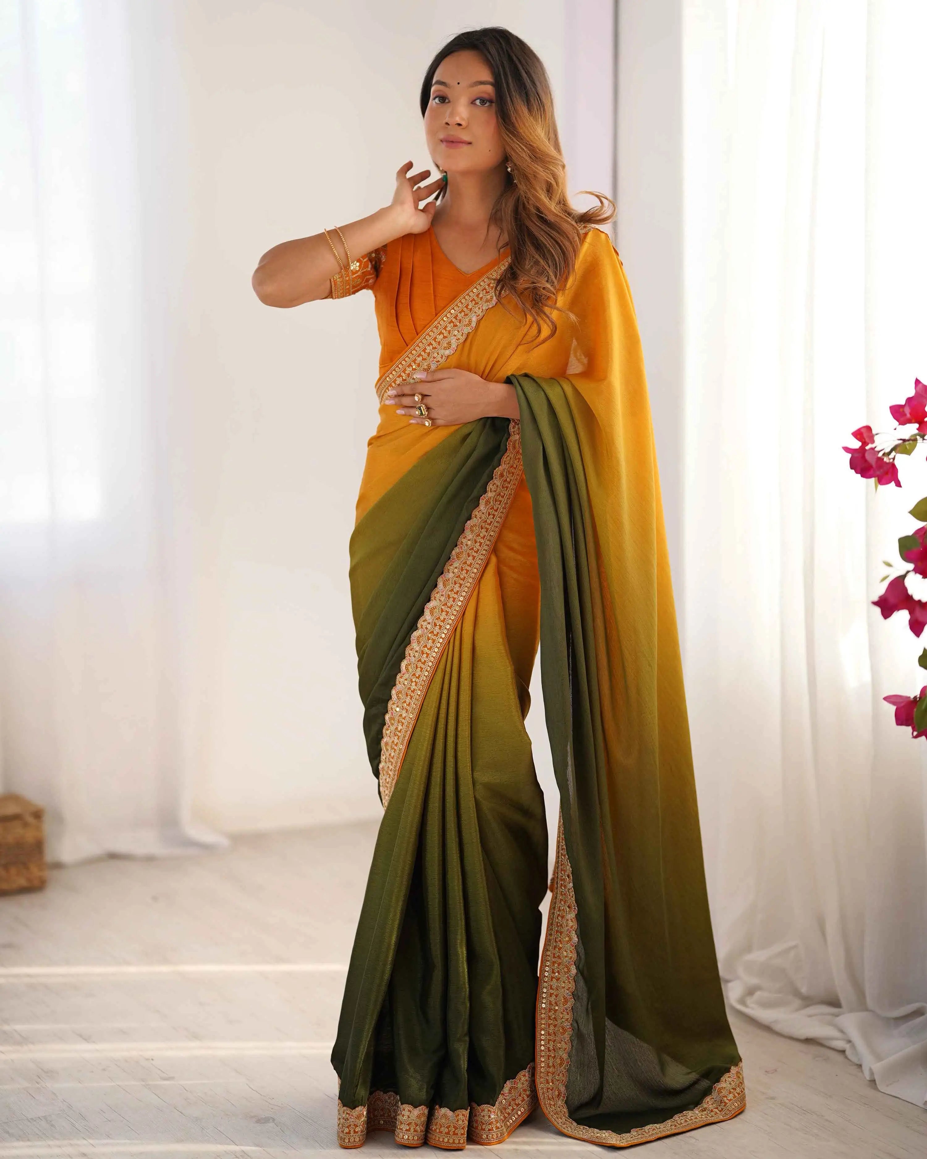 Yellow And Green Sequins Embroidery Work Designer Saree - qivii