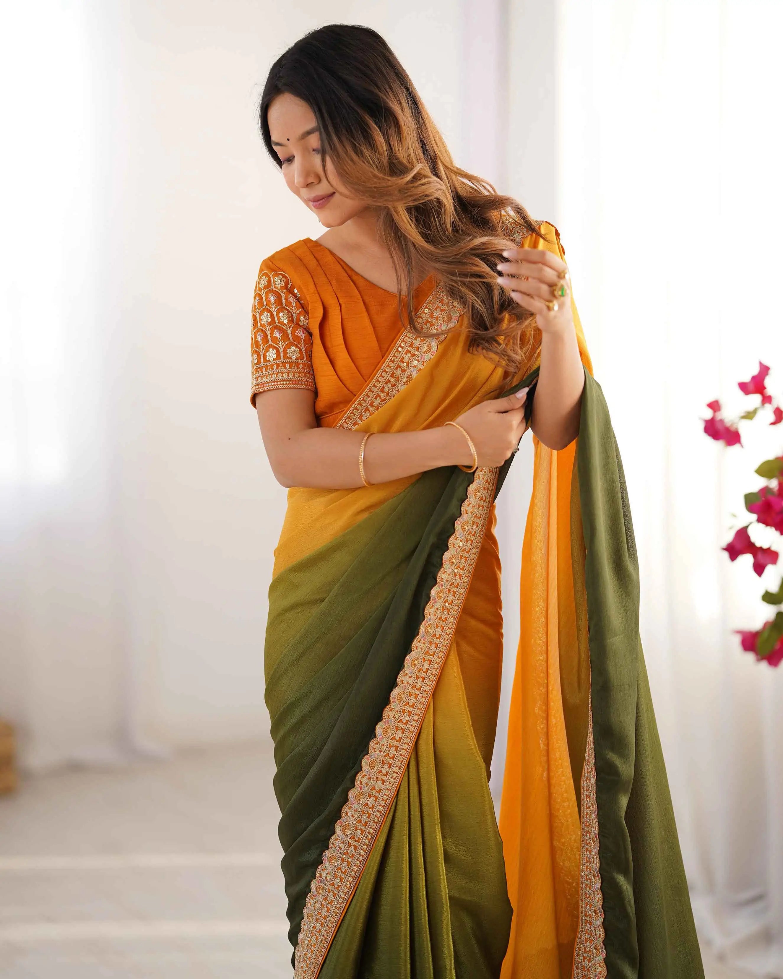 Yellow And Green Sequins Embroidery Work Designer Saree - qivii