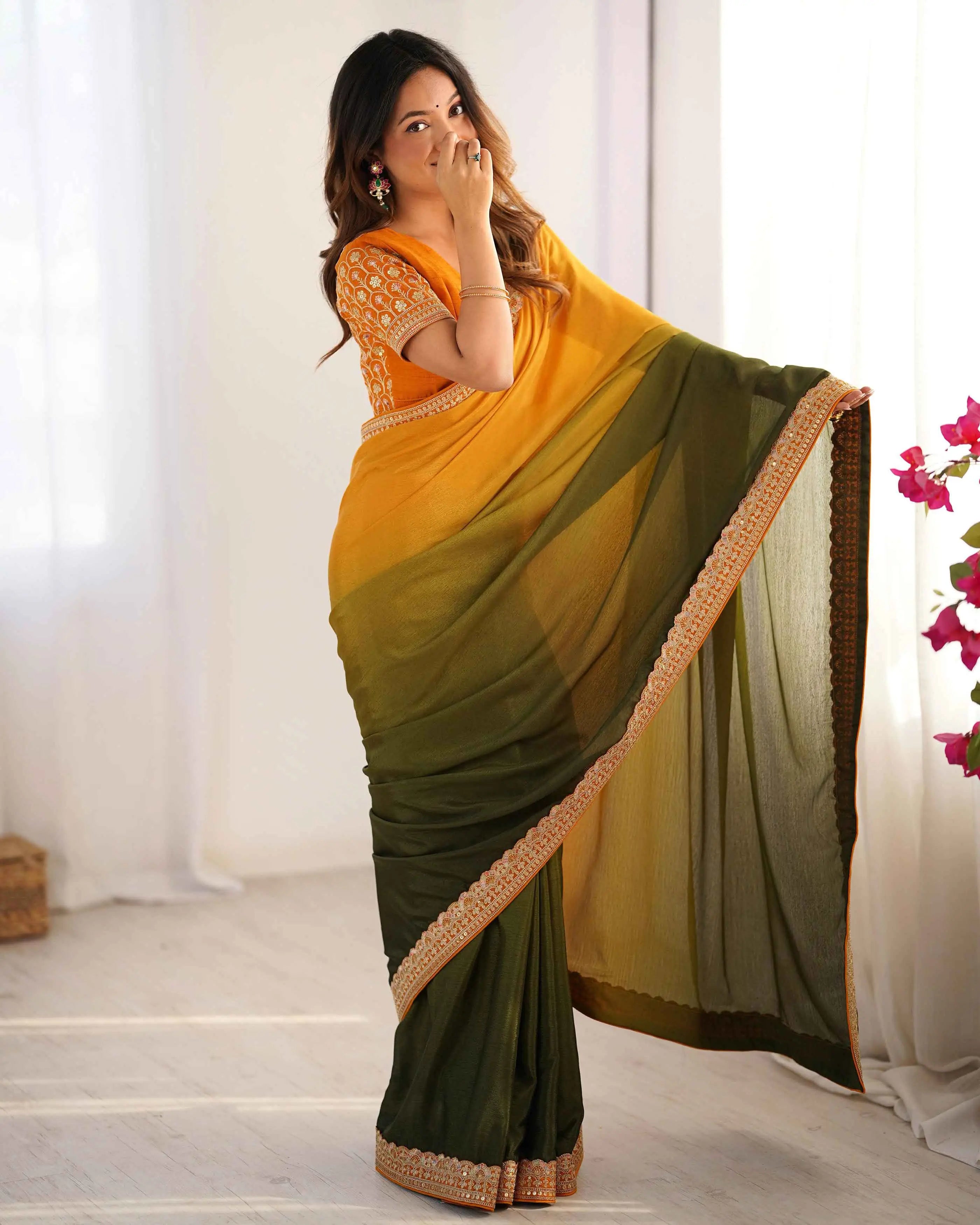 Yellow And Green Sequins Embroidery Work Designer Saree - qivii
