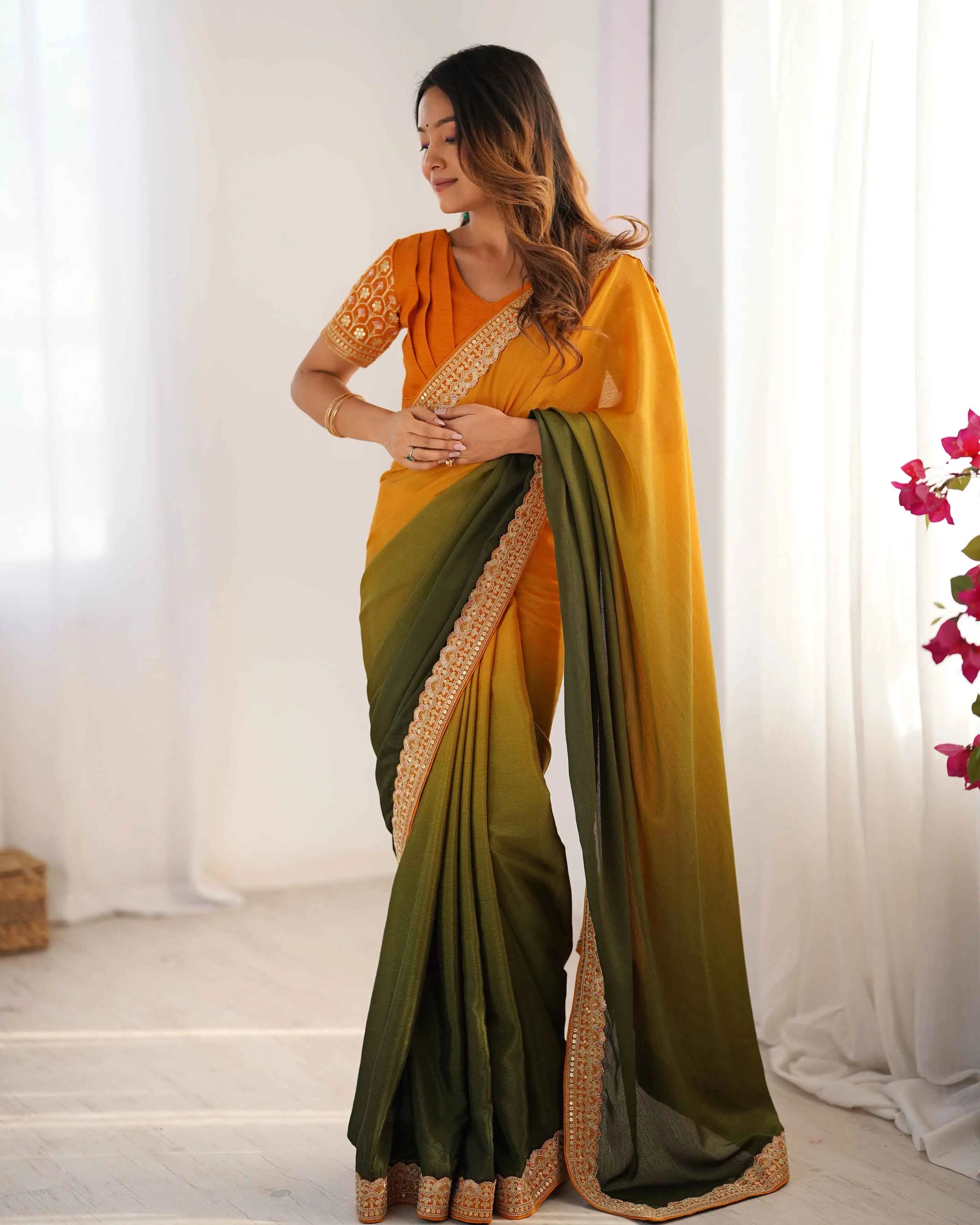 Yellow And Green Sequins Embroidery Work Designer Saree - qivii