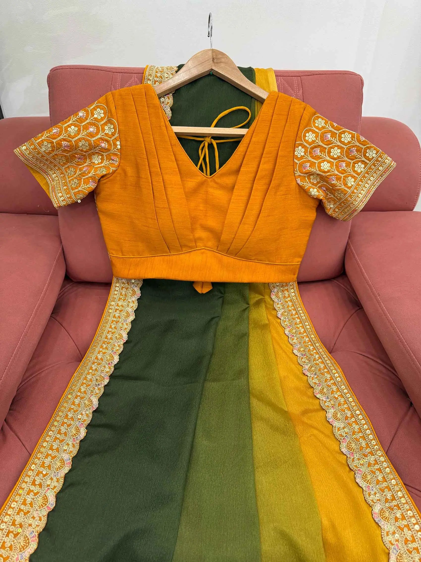 Yellow And Green Sequins Embroidery Work Designer Saree - qivii