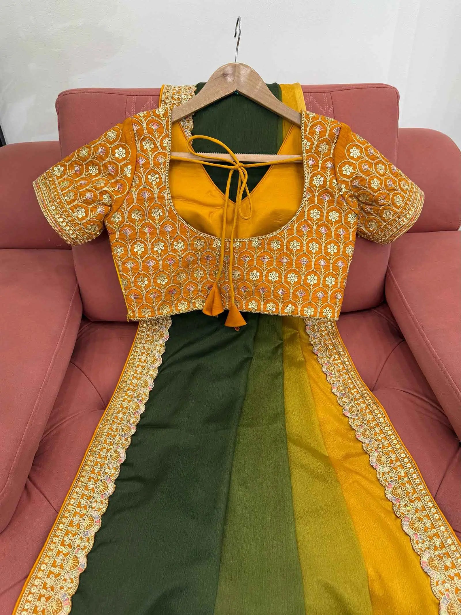Yellow And Green Sequins Embroidery Work Designer Saree - qivii