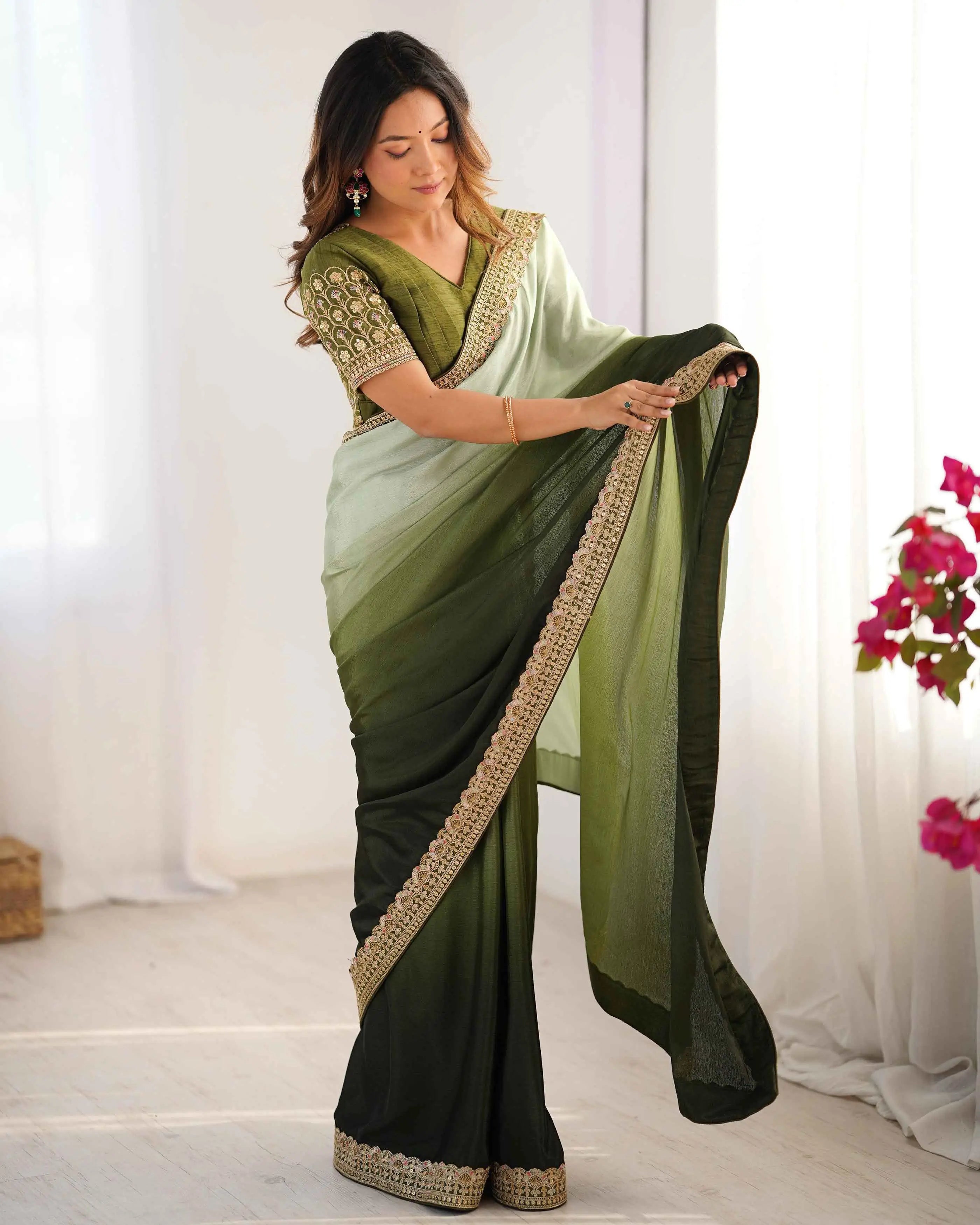 Light And Dark Green Sequins Embroidery Work Saree - qivii