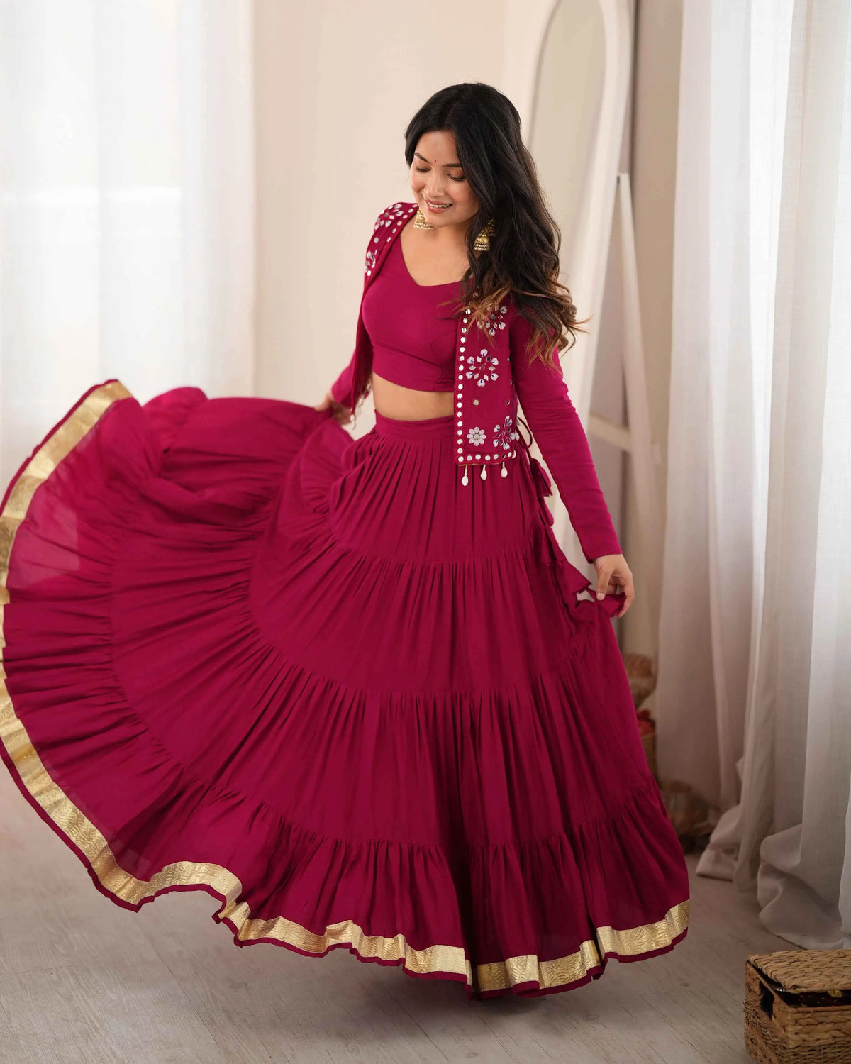 9 Meter Flair | Pink Rayon Navratri Lehenga With Mirror Work Koti