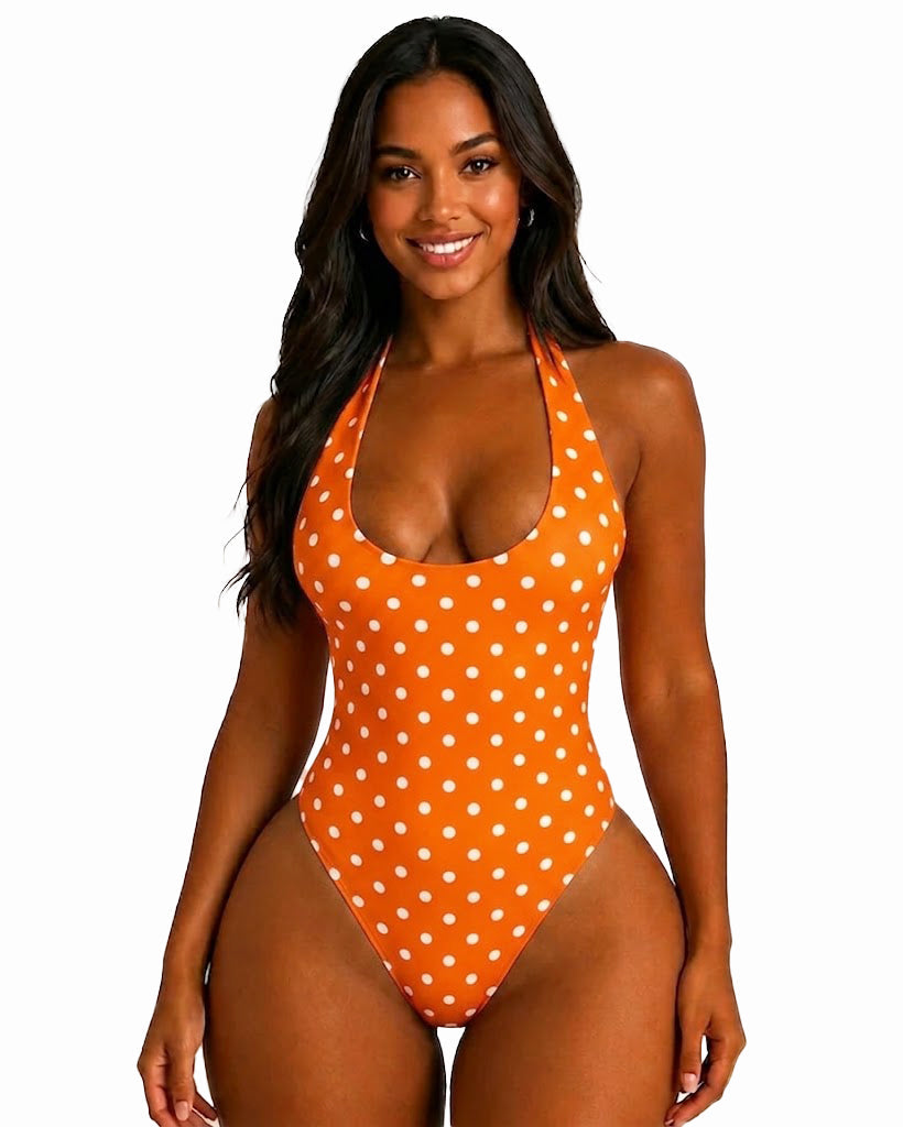 Polka Dot Halter Tie One Piece Swimsuit High Cut Hourglass Bodysuit
