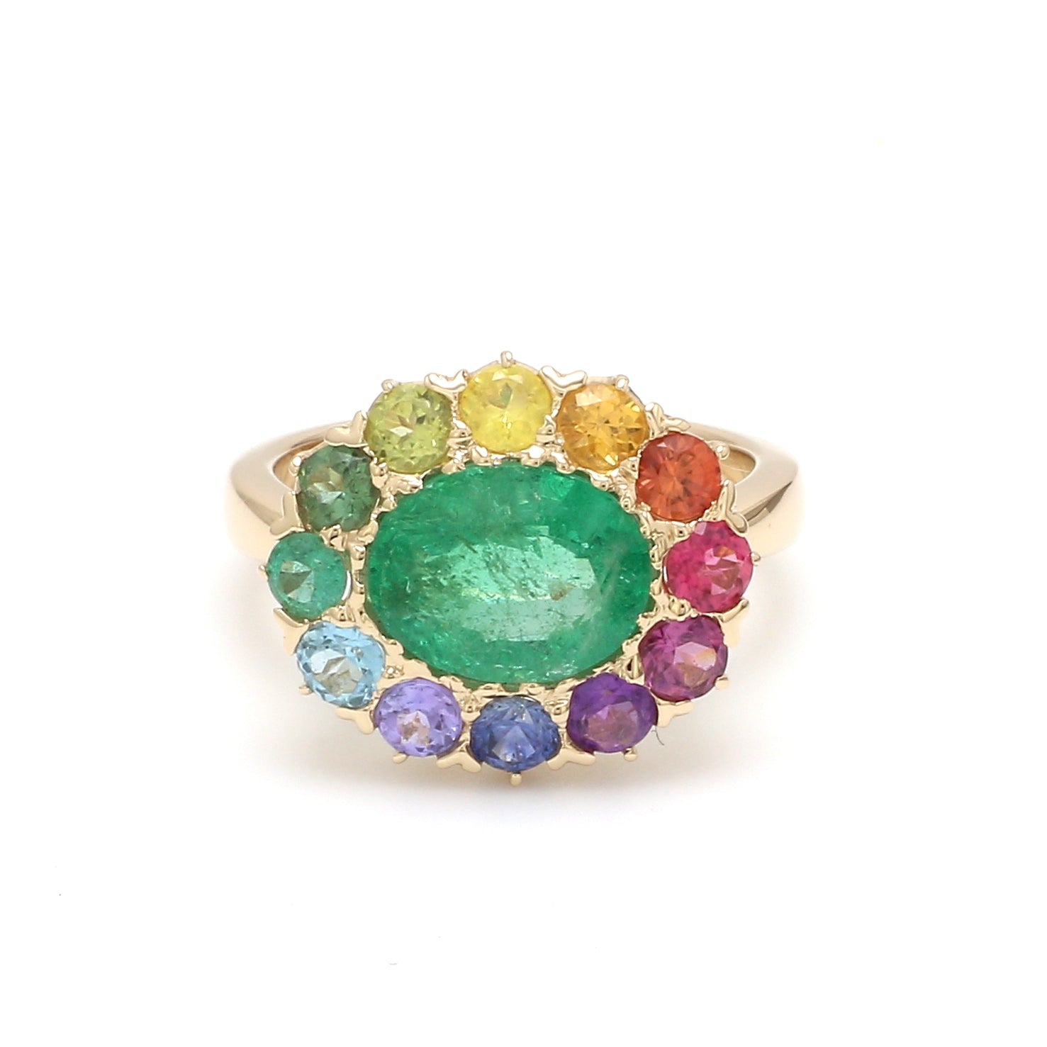Emerald and Rainbow Gemstone Halo Ring - qivii