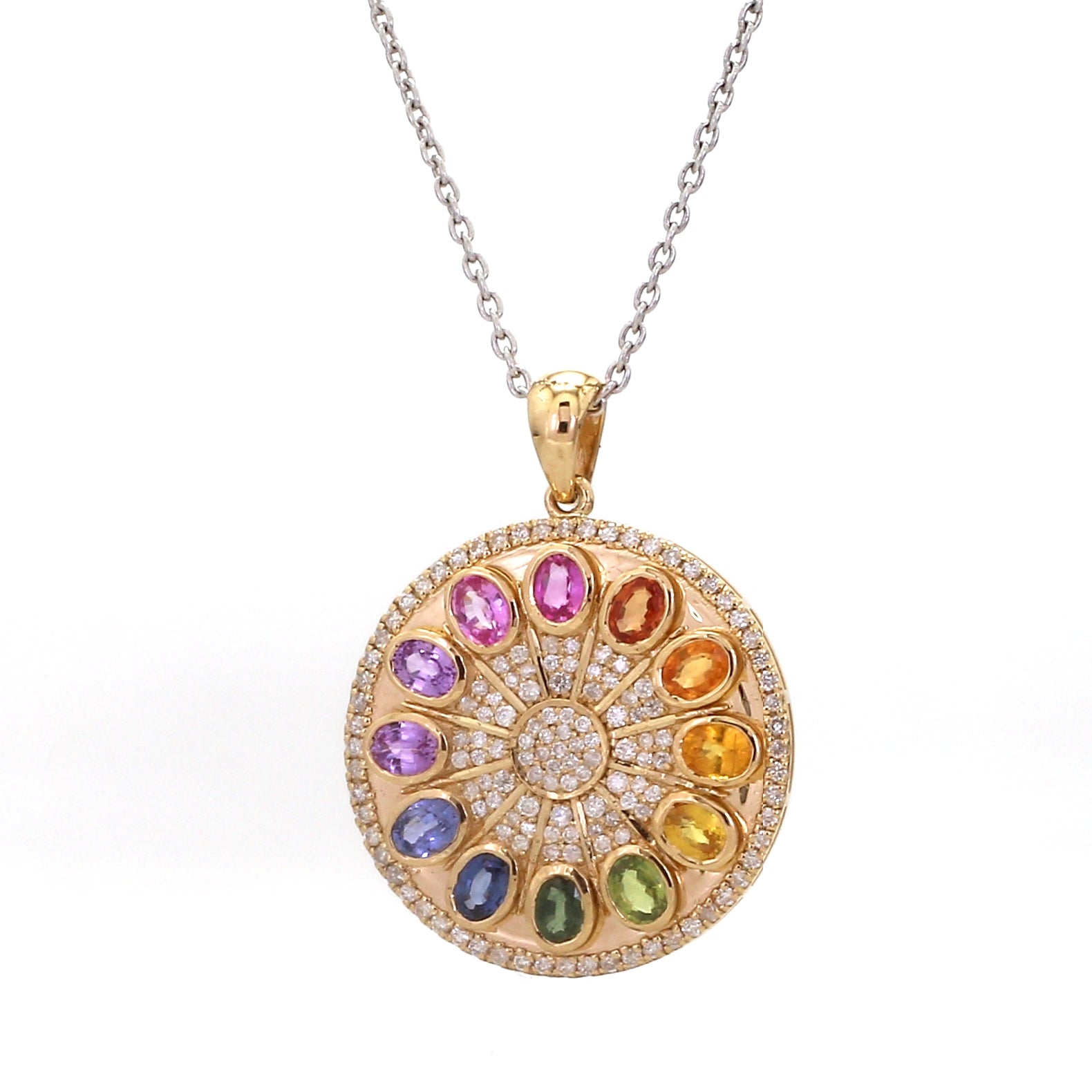 Rainbow Sapphire Oval and Diamond Disc Pendant - qivii