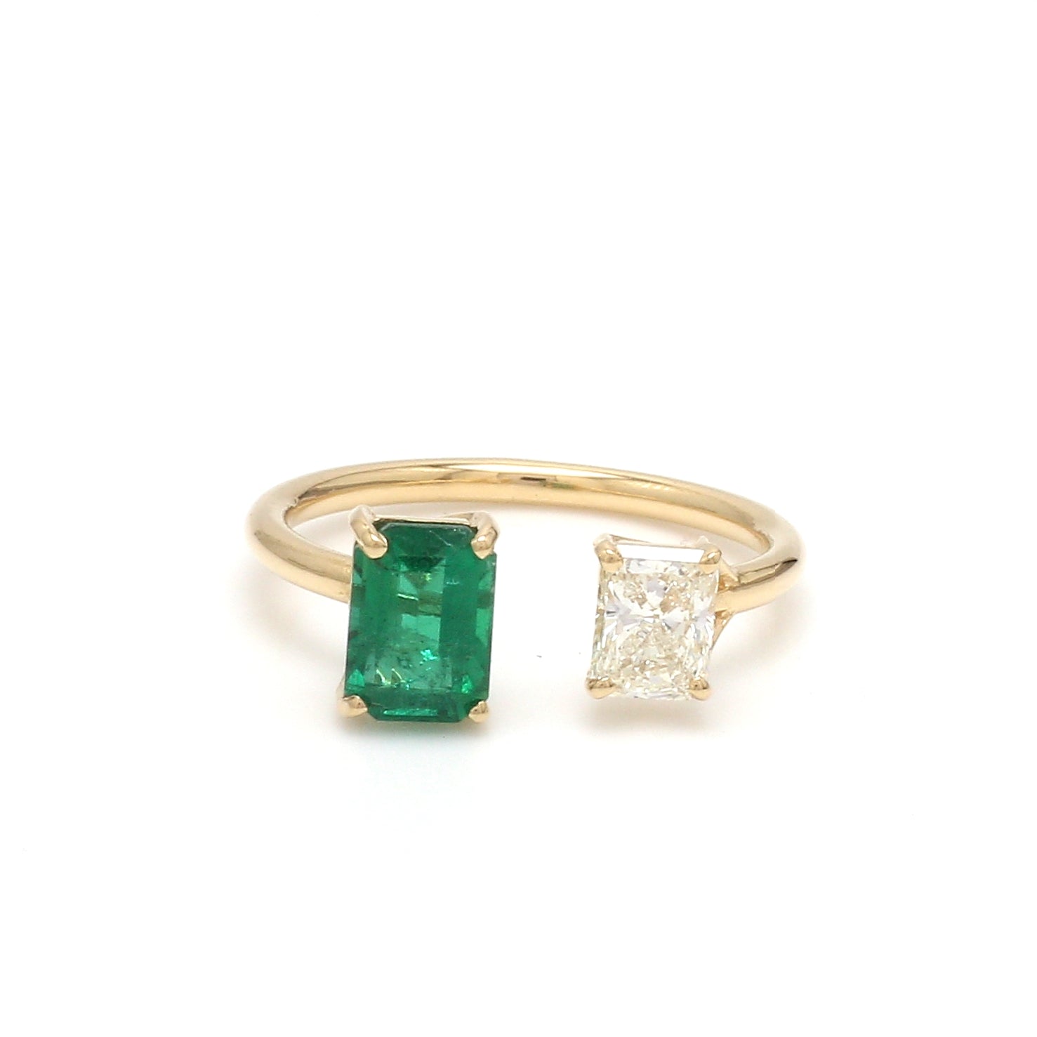 Emerald and Radiant Cut Diamond Open Ring - qivii