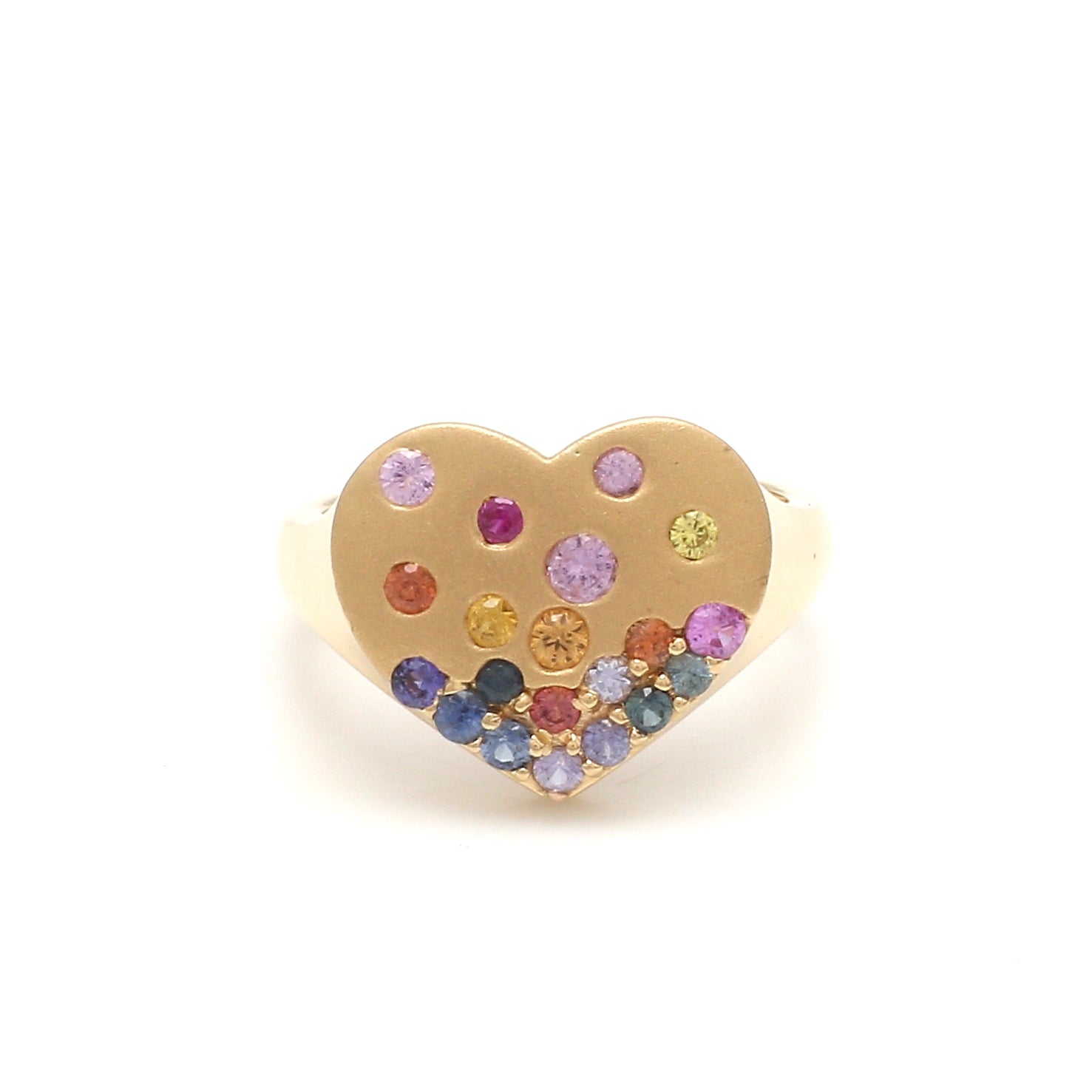 Rainbow Sapphire Round Heart Shape Matte Signet Ring - qivii
