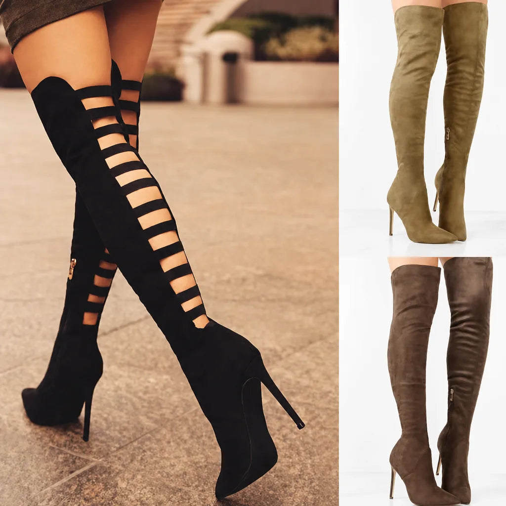 Black women's knee-high heeled boots from Qivii by Hudson Ridge, featuring sleek design and stylish ankle-high heel footwear.