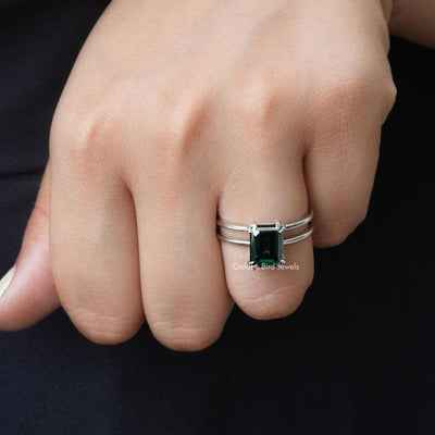 Stunning Dual Shank Green Emerald Moissanite Ring - Handcrafted Solitaire Engagement Ring for Her - qivii