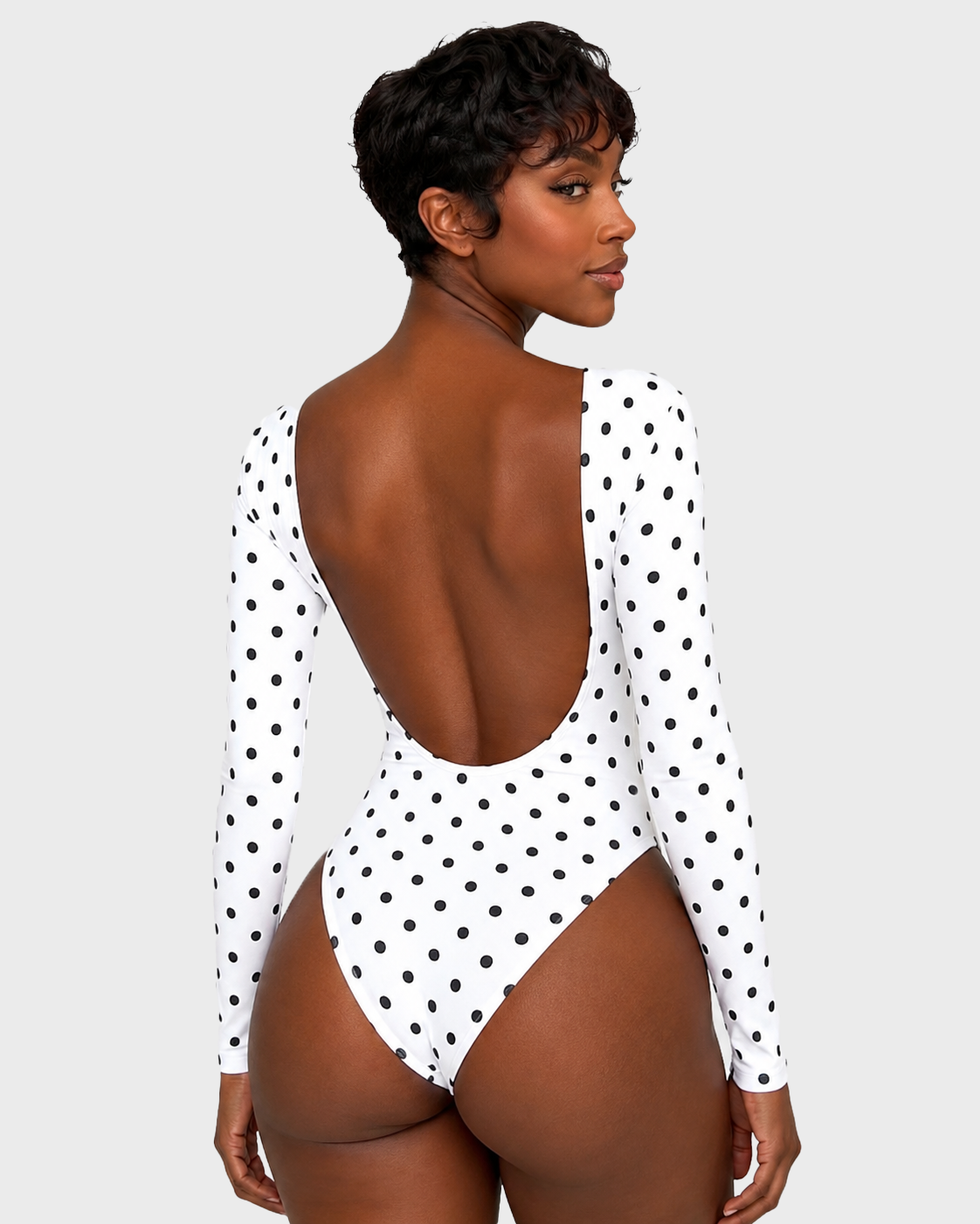 Long Sleeve Polka Dot Large U Open Back Tummy Control Thong Bodysuit