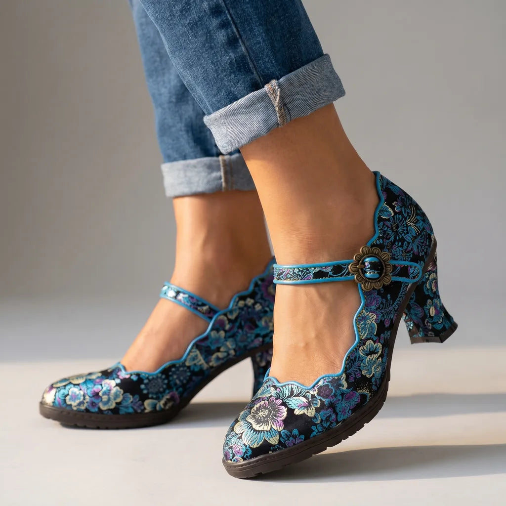 Blue women's vintage Mary Jane heels by Hudson Ridge, stylish footwear with classic strap design and comfortable heel.