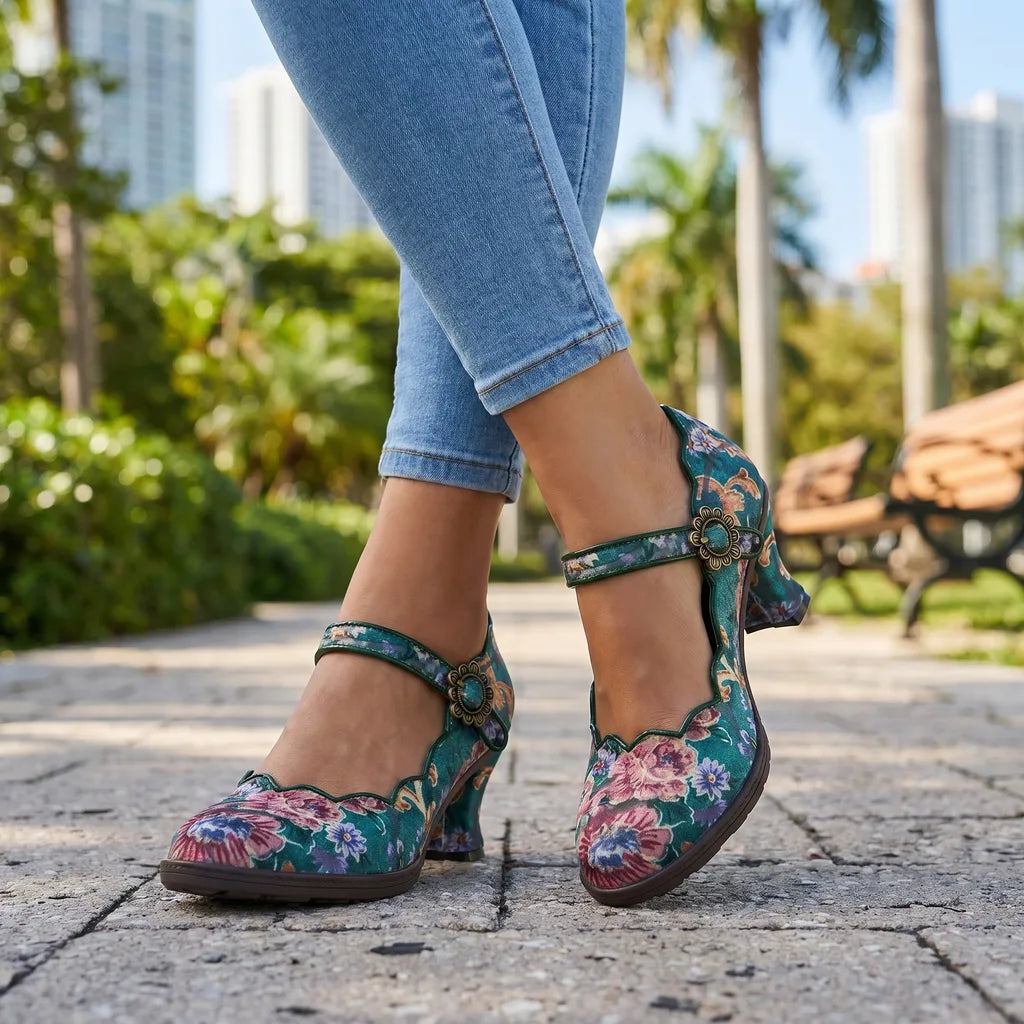Dark green Sydney women's vintage Mary Jane heels by Hudson Ridge featuring a classic strap and rounded toe.