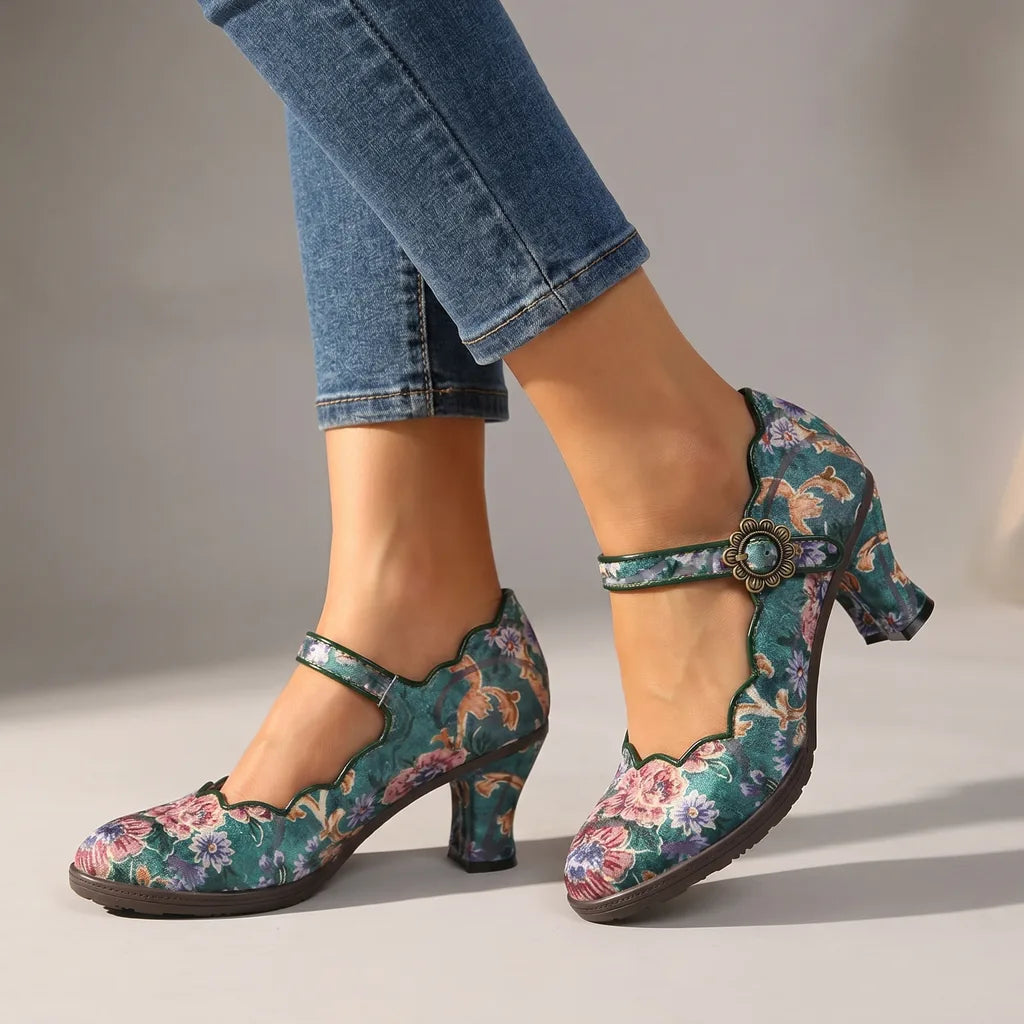 Dark green Sydney women's vintage Mary Jane heels by Qivii, stylish women's footwear with classic strap and rounded toe design.