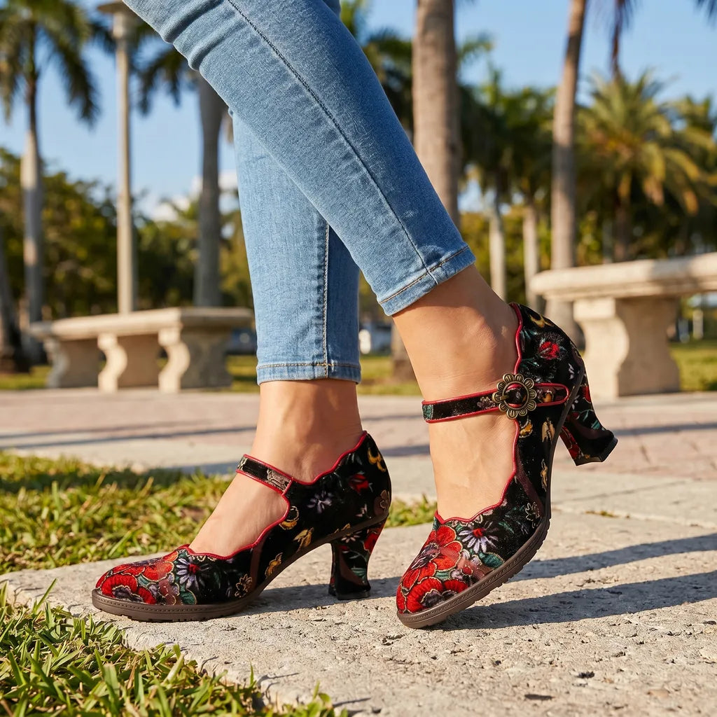 Red vintage Mary Jane heels for women by Hudson Ridge, featuring classic style and stylish strap detail.