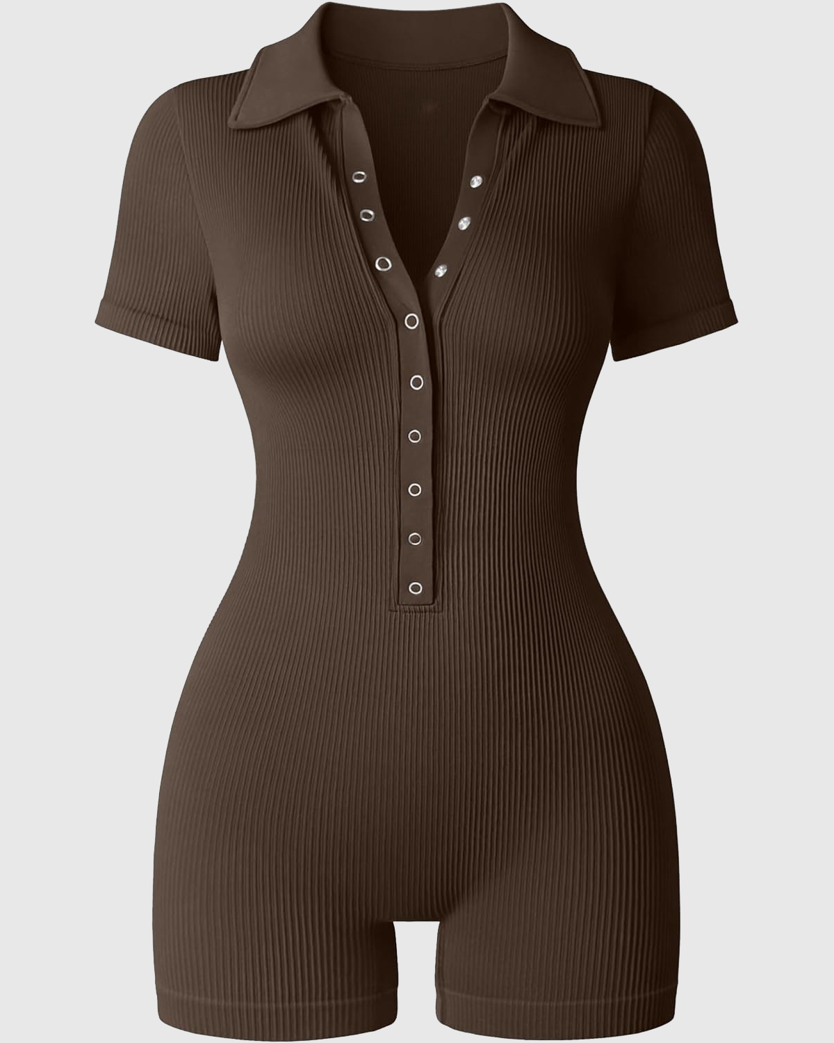 Ribbed Polo Collar Half Snap Front Short Sleeve Bodycon Romper - By Qivii