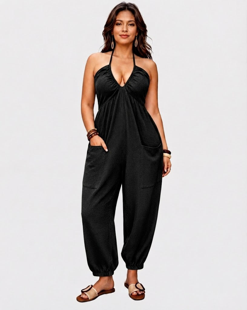 Halter Backless Ruched Pocket Jogger Jumpsuit - By Qivii