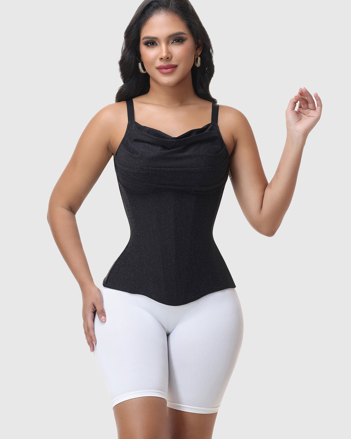 Draped Cowl Neck Side Zipper Adjustable Strap Waist Cincher Shaping Vest