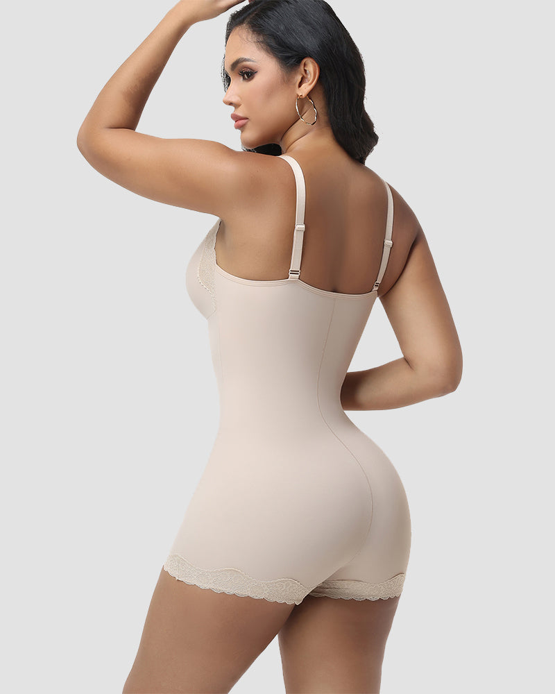 Shapshe® Lace Trim Deep V Mid-Thigh Bodysuit Shaper