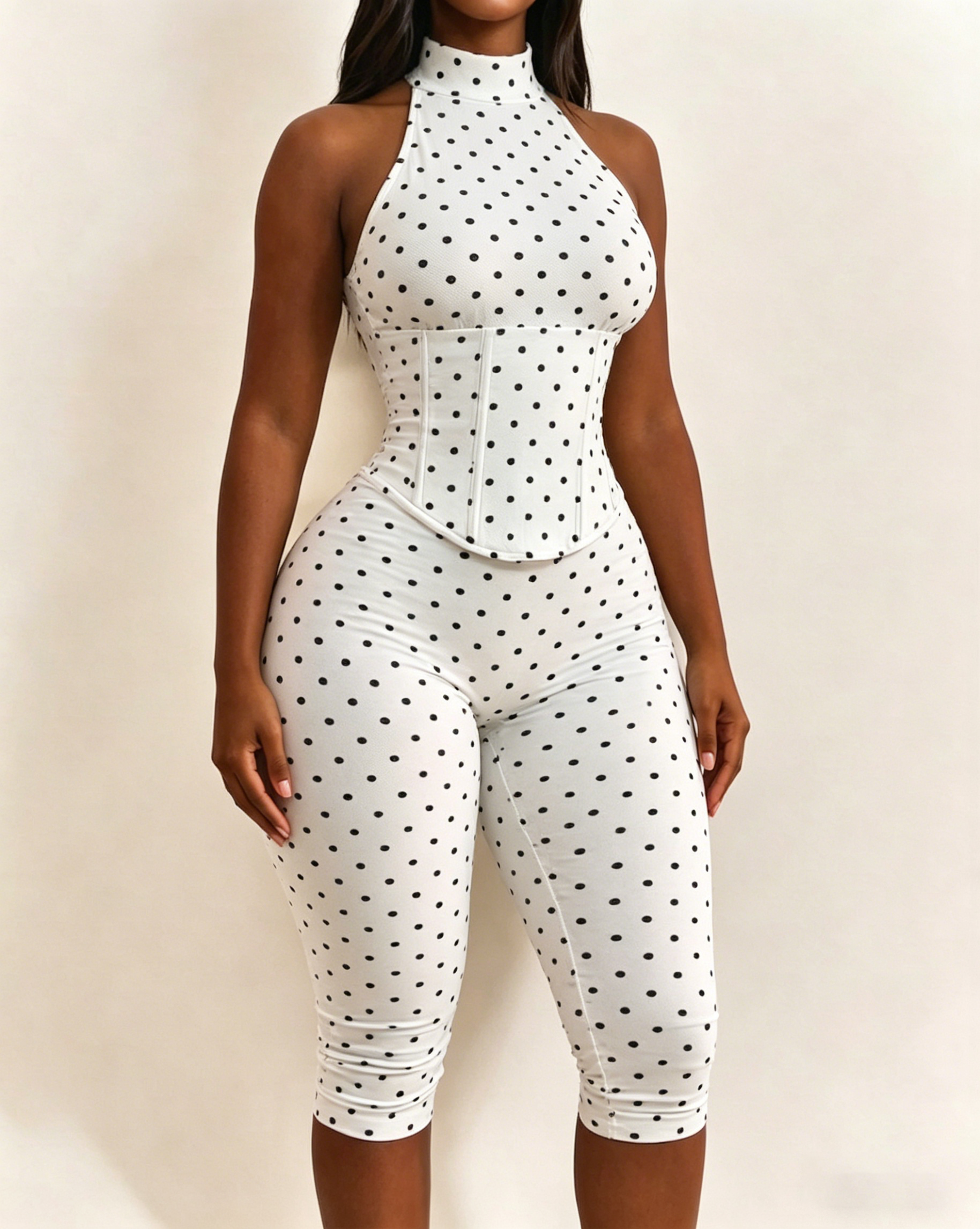 Polka Dot Halter Neck Hourglass Capri Jumpsuit with Detachable Corset Two-Piece Set - By Qivii