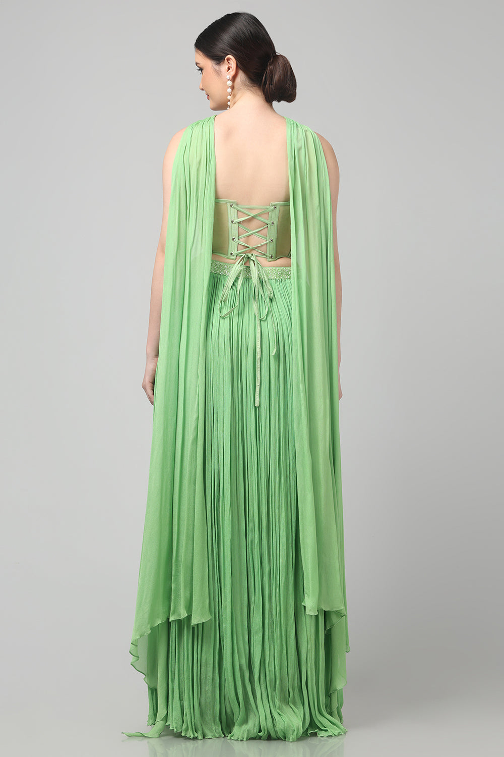 Tea-Green Corset with pleated Skirt & Dupatta