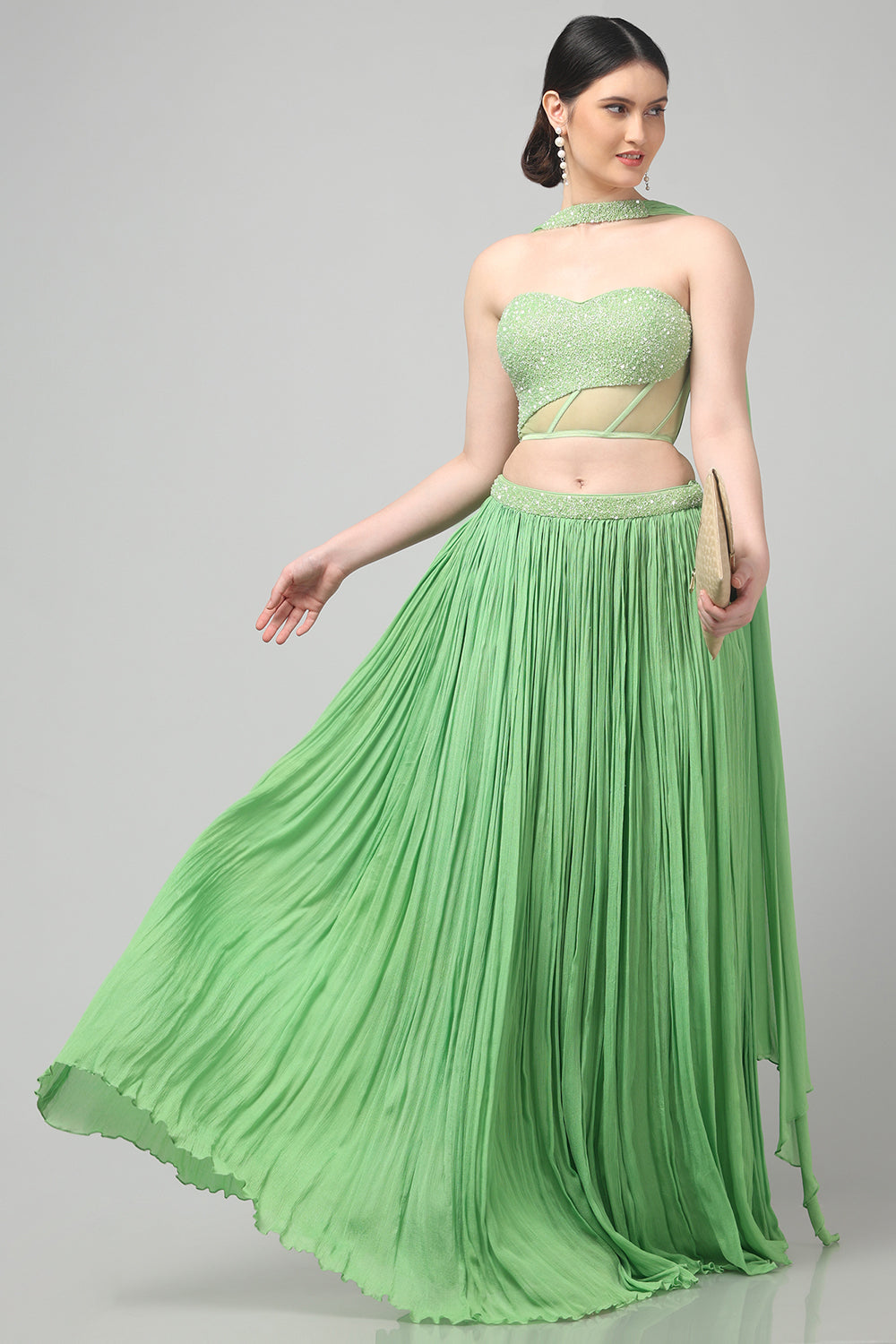 Tea-Green Corset with pleated Skirt & Dupatta