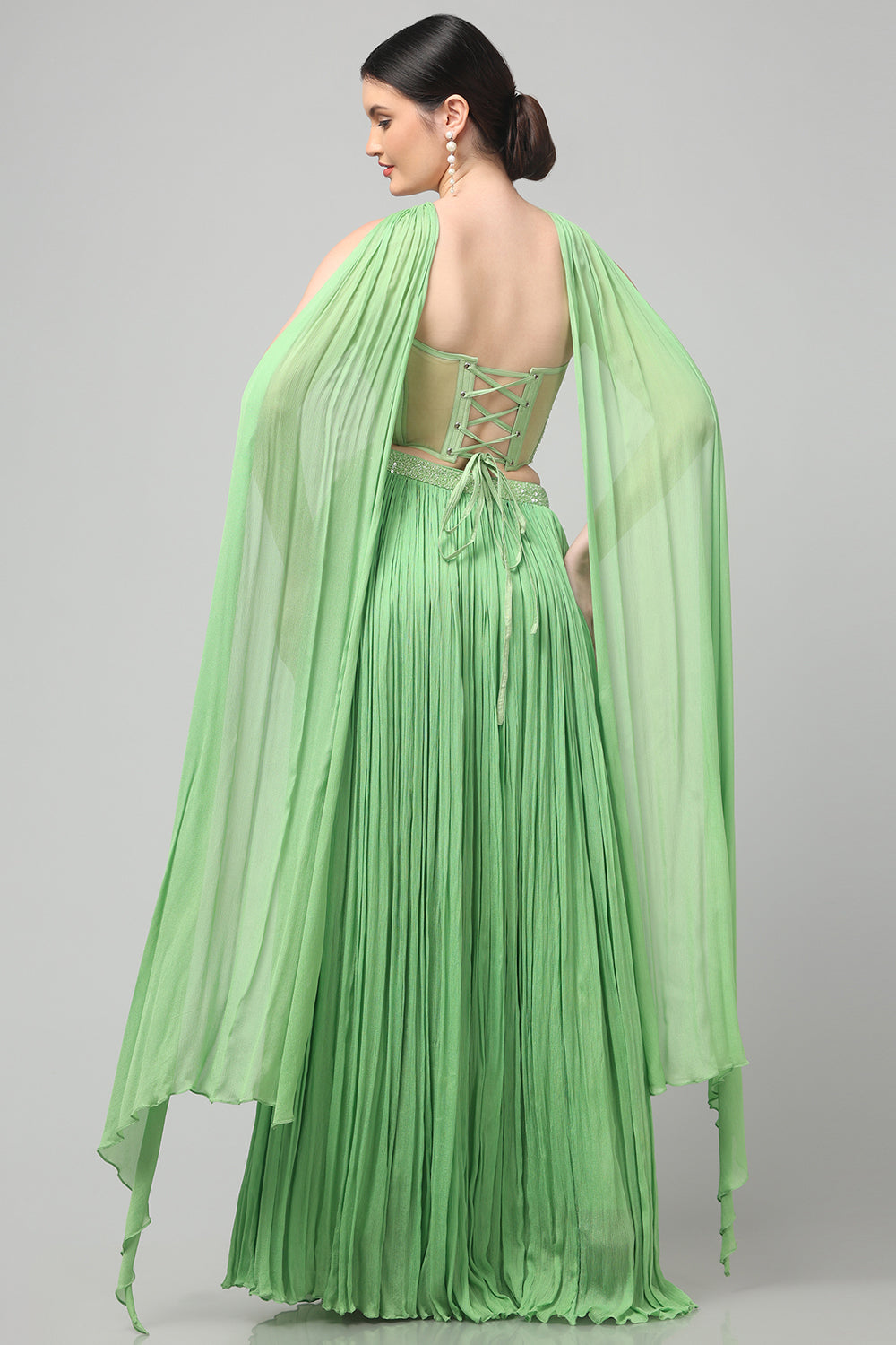 Tea-Green Corset with pleated Skirt & Dupatta