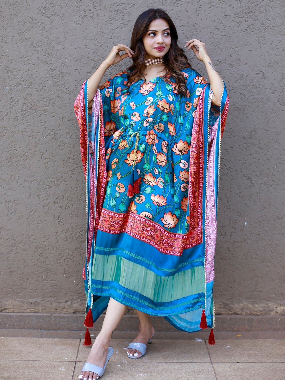 Teal Color Digital Printed Pure Gaji Silk Kaftan Dresses - qivii