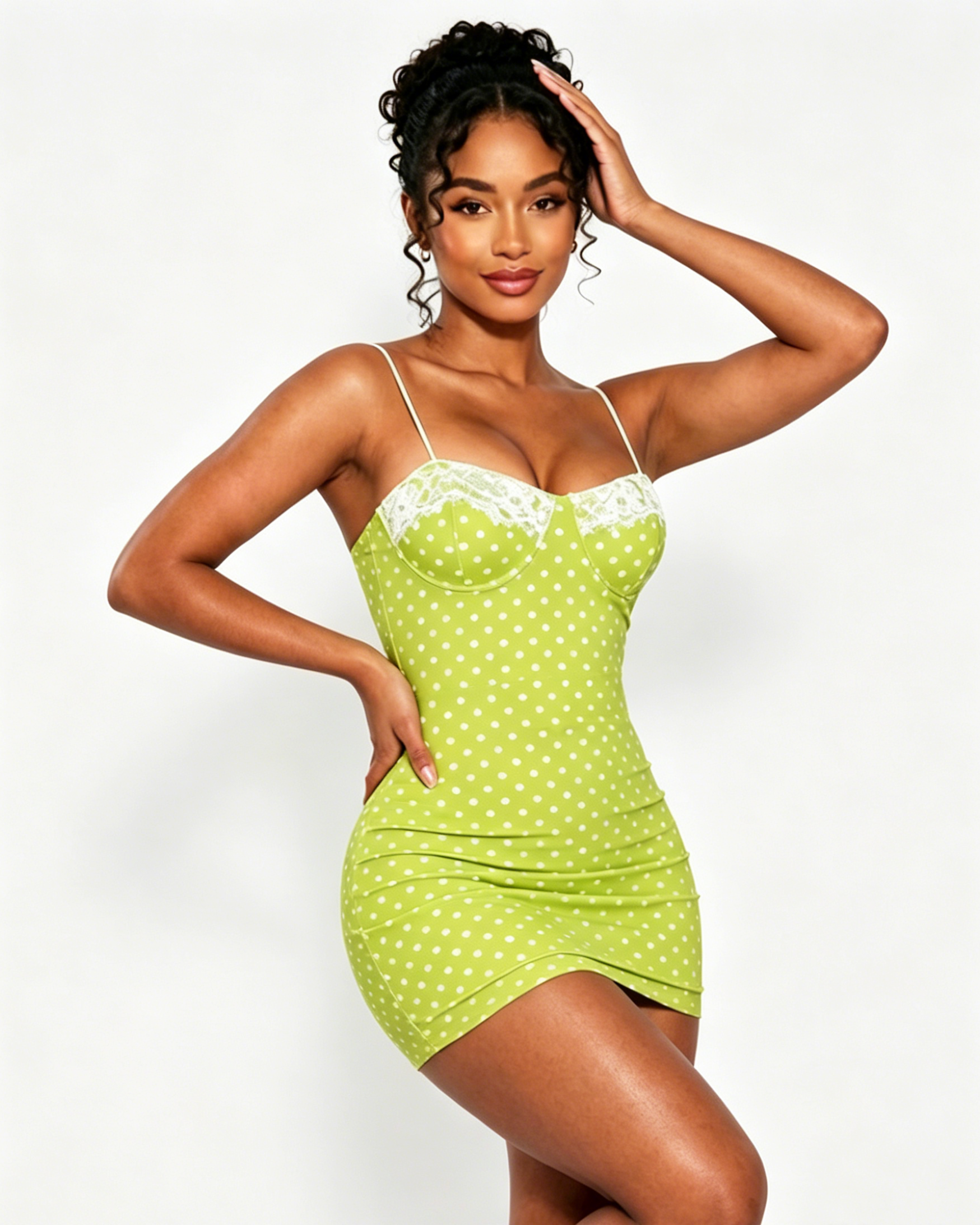 Polka Dot Lace Trim Thin Strap Bodycon Mini Dress - By Qivii