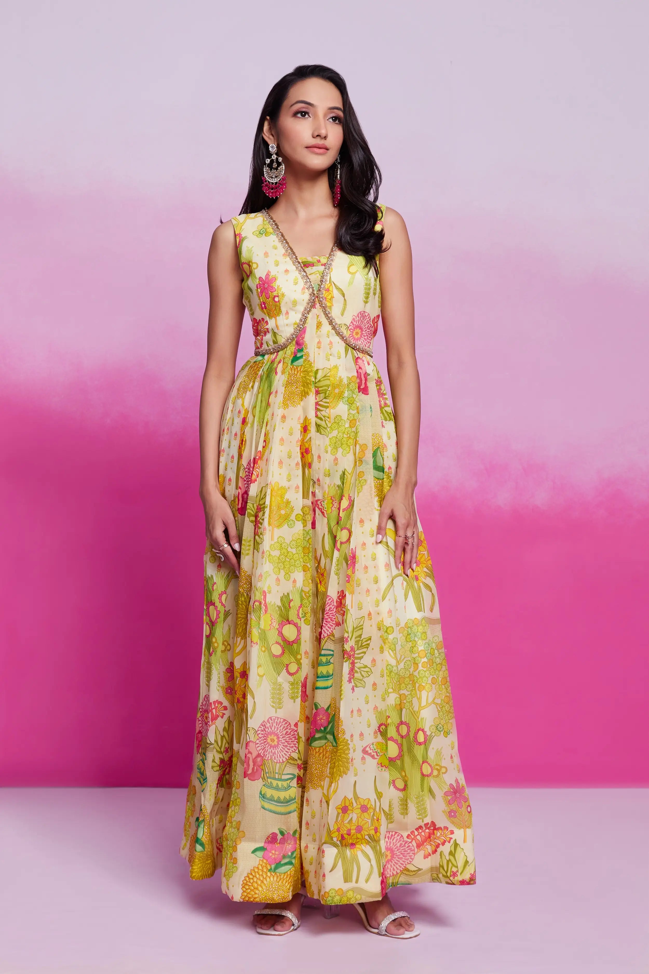 Lime Yellow Printed Organza Gown With Handwork - qivii