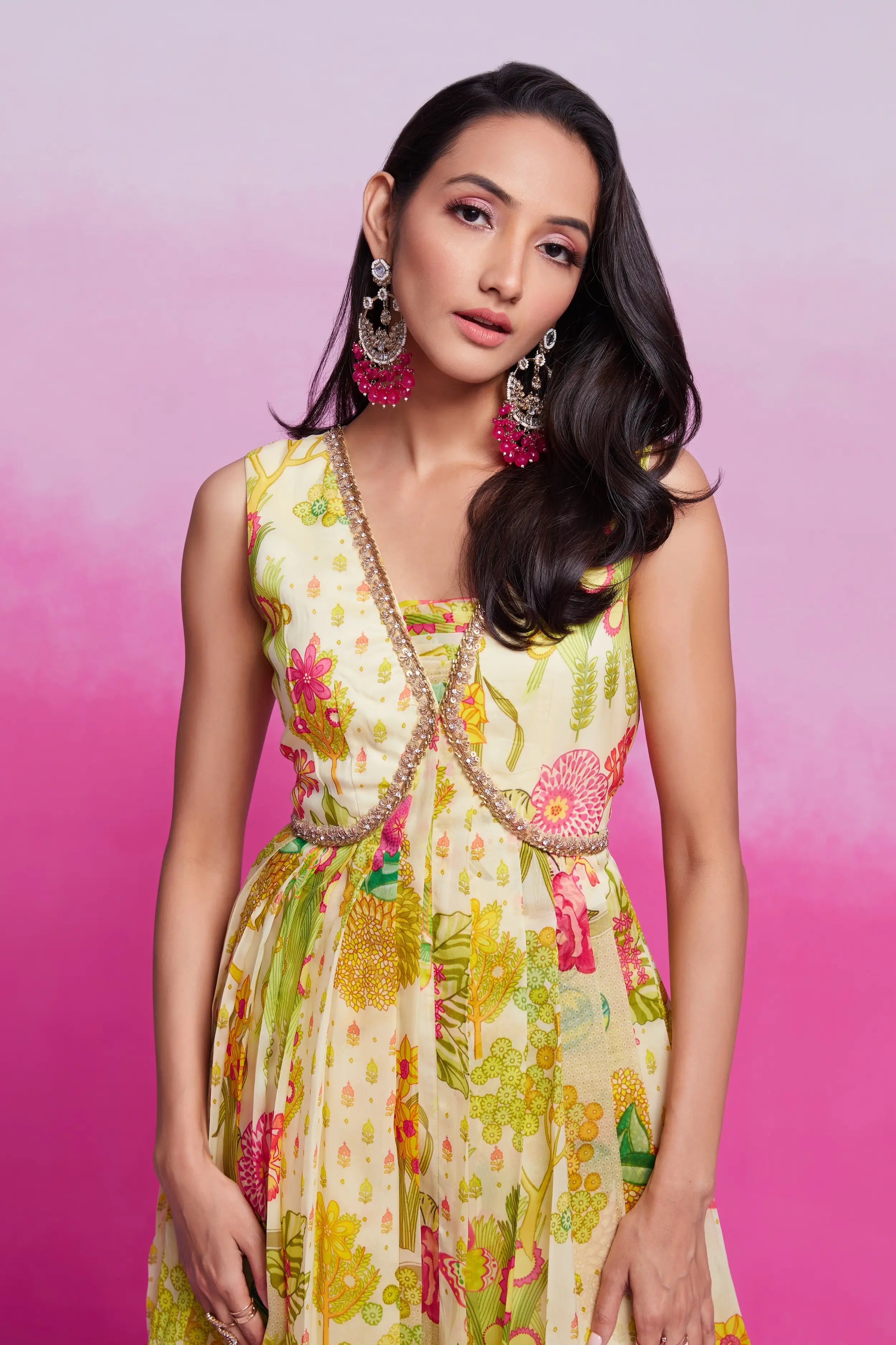 Lime Yellow Printed Organza Gown With Handwork - qivii