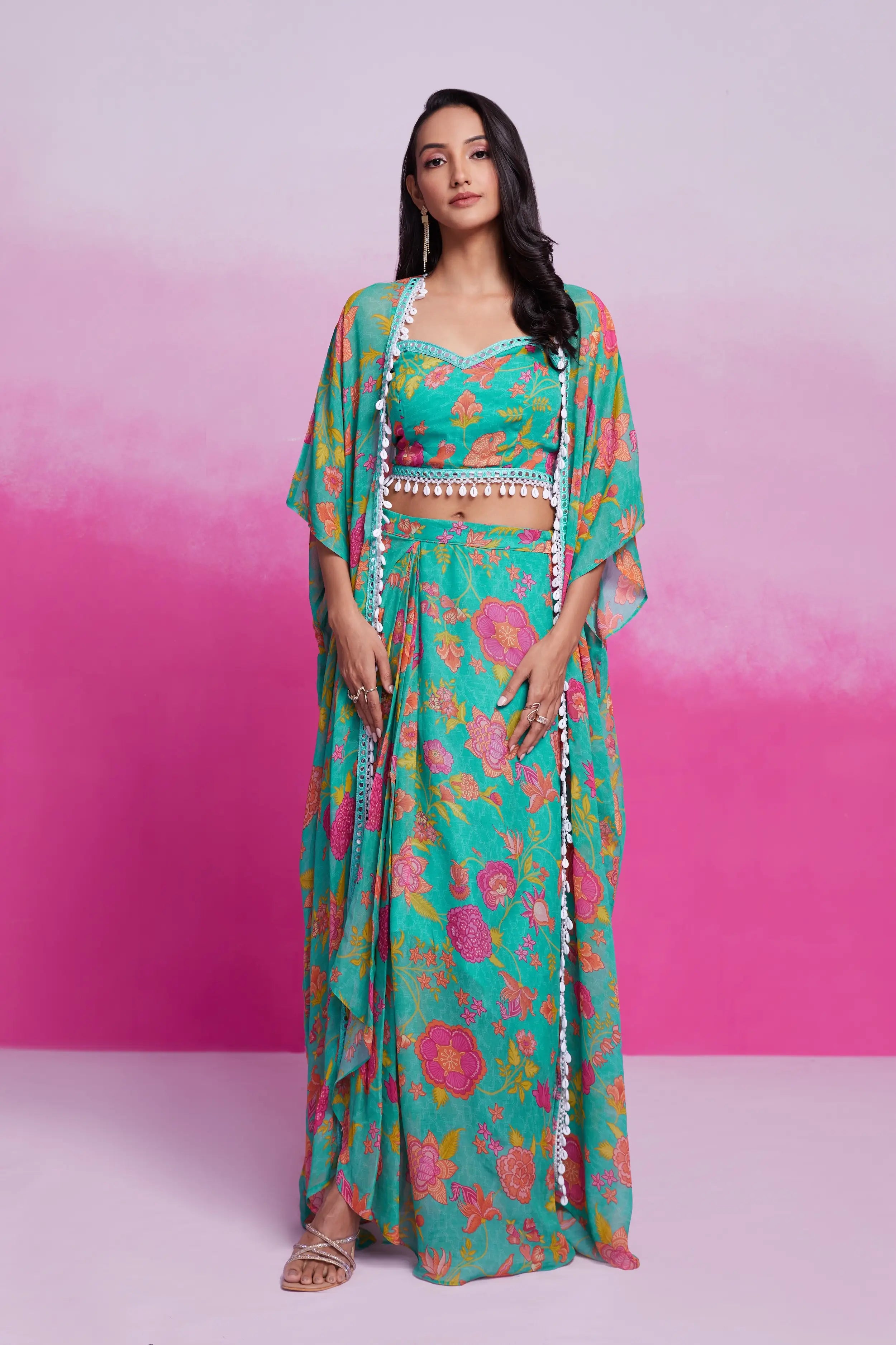 Turquoise Printed Georgette Co-ord Set - qivii