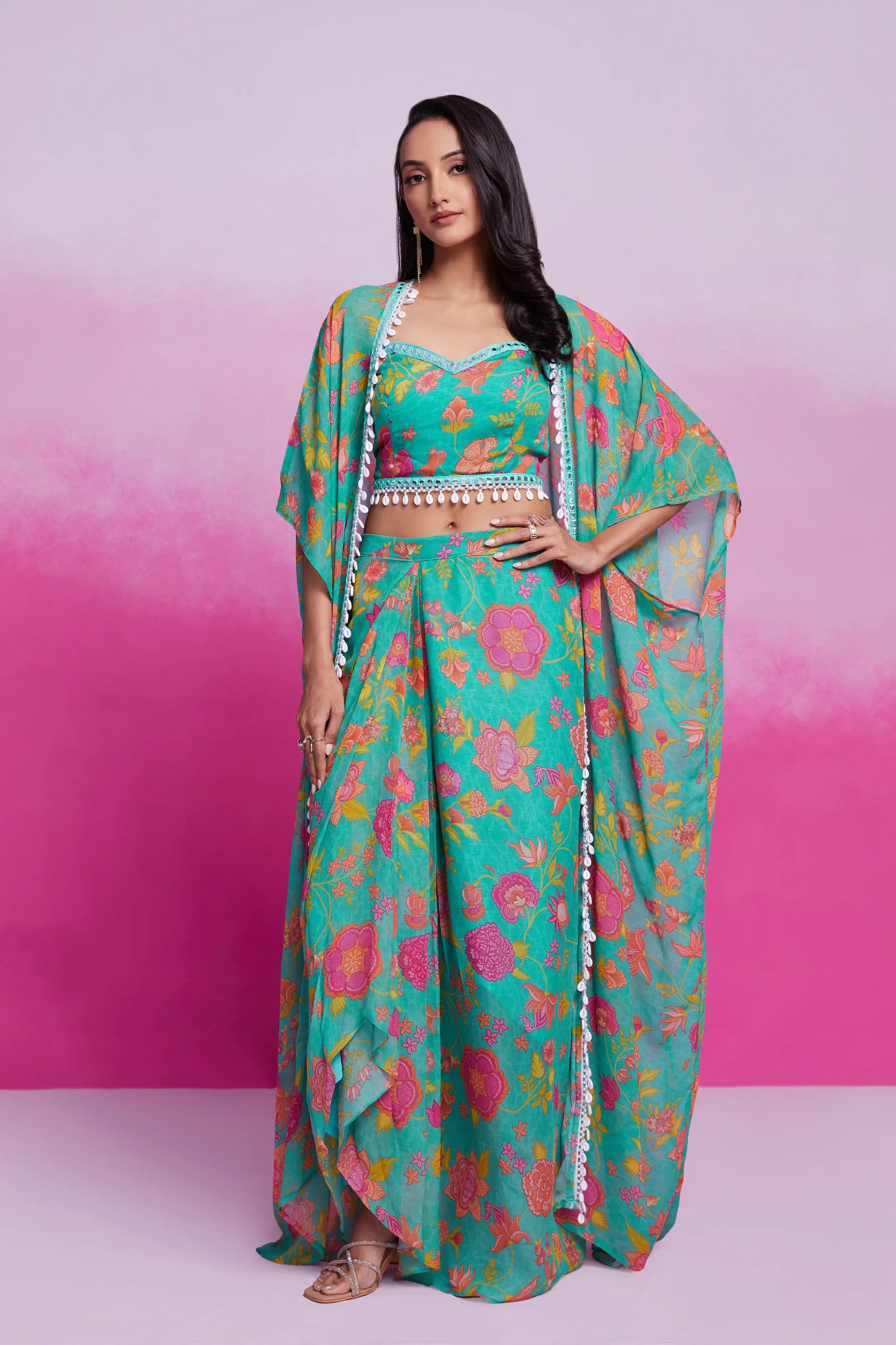 Turquoise Printed Georgette Co-ord Set - qivii