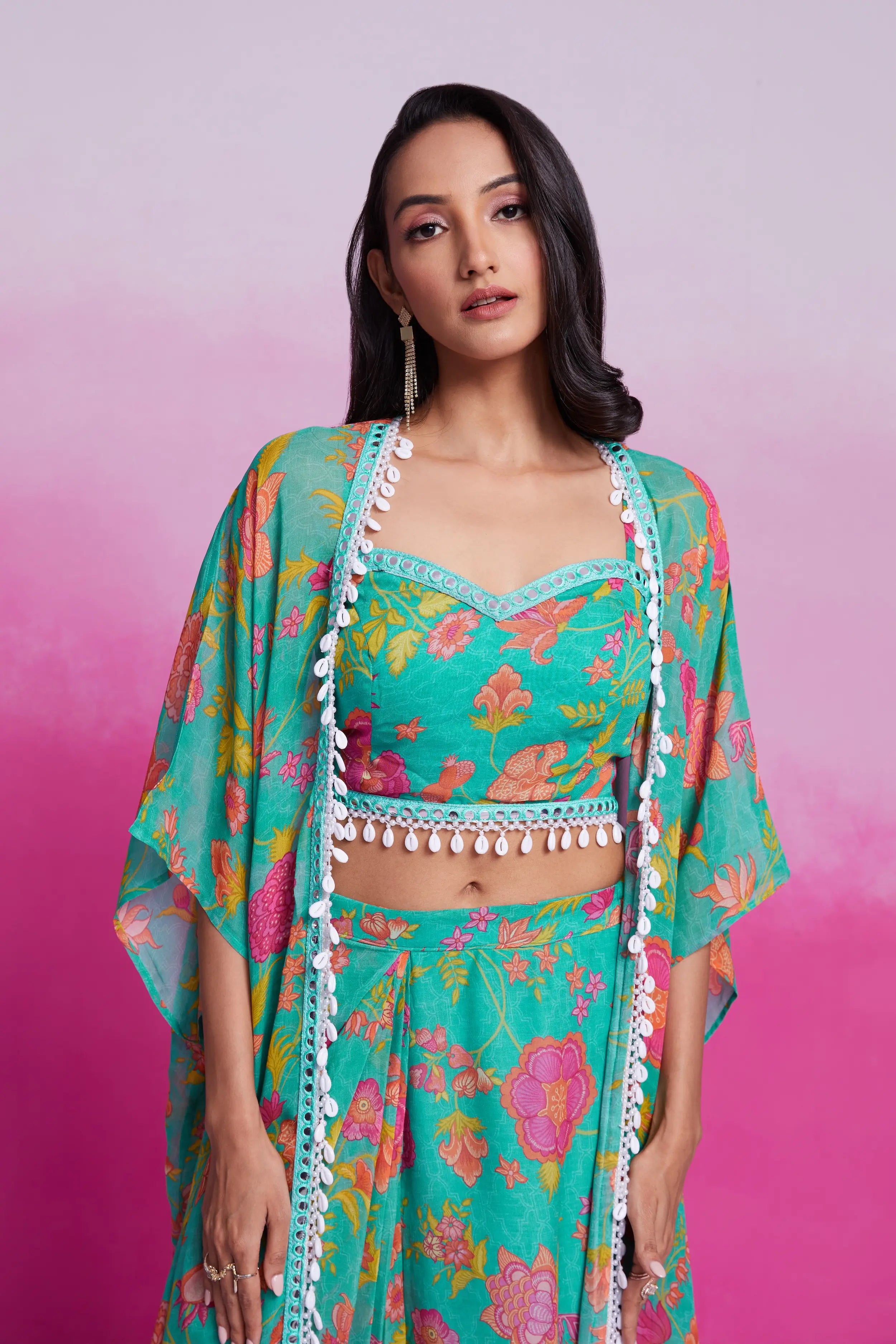 Turquoise Printed Georgette Co-ord Set - qivii