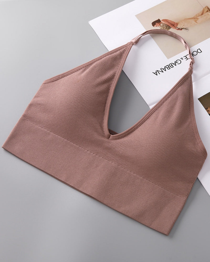 Deep V Sexy Halter Neck Backless Triangle Cup Wireless Bra