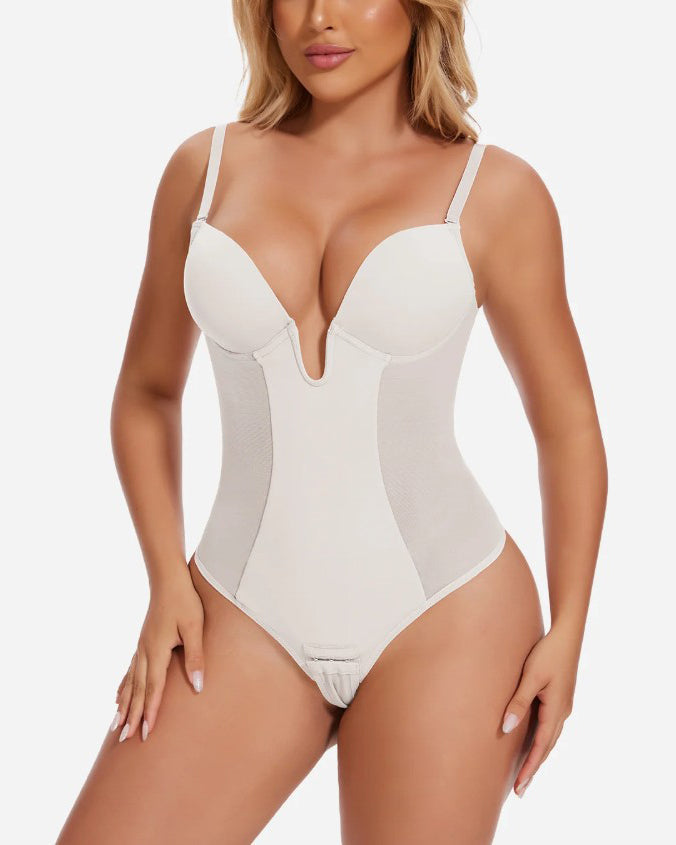 Sexy Plunge Neck Backless Mesh Panel Shapewear Thong Bodysuit