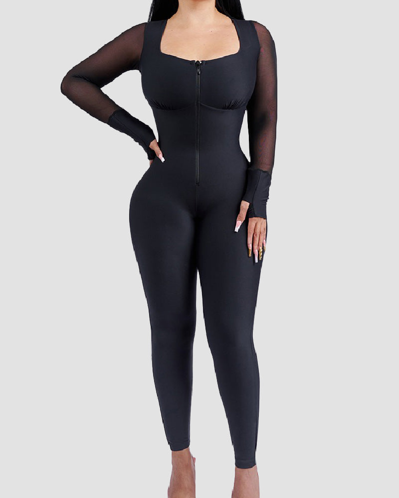 Slim Fit Stretch Full Body Shaper Long Mesh Sleeve Shapewear
