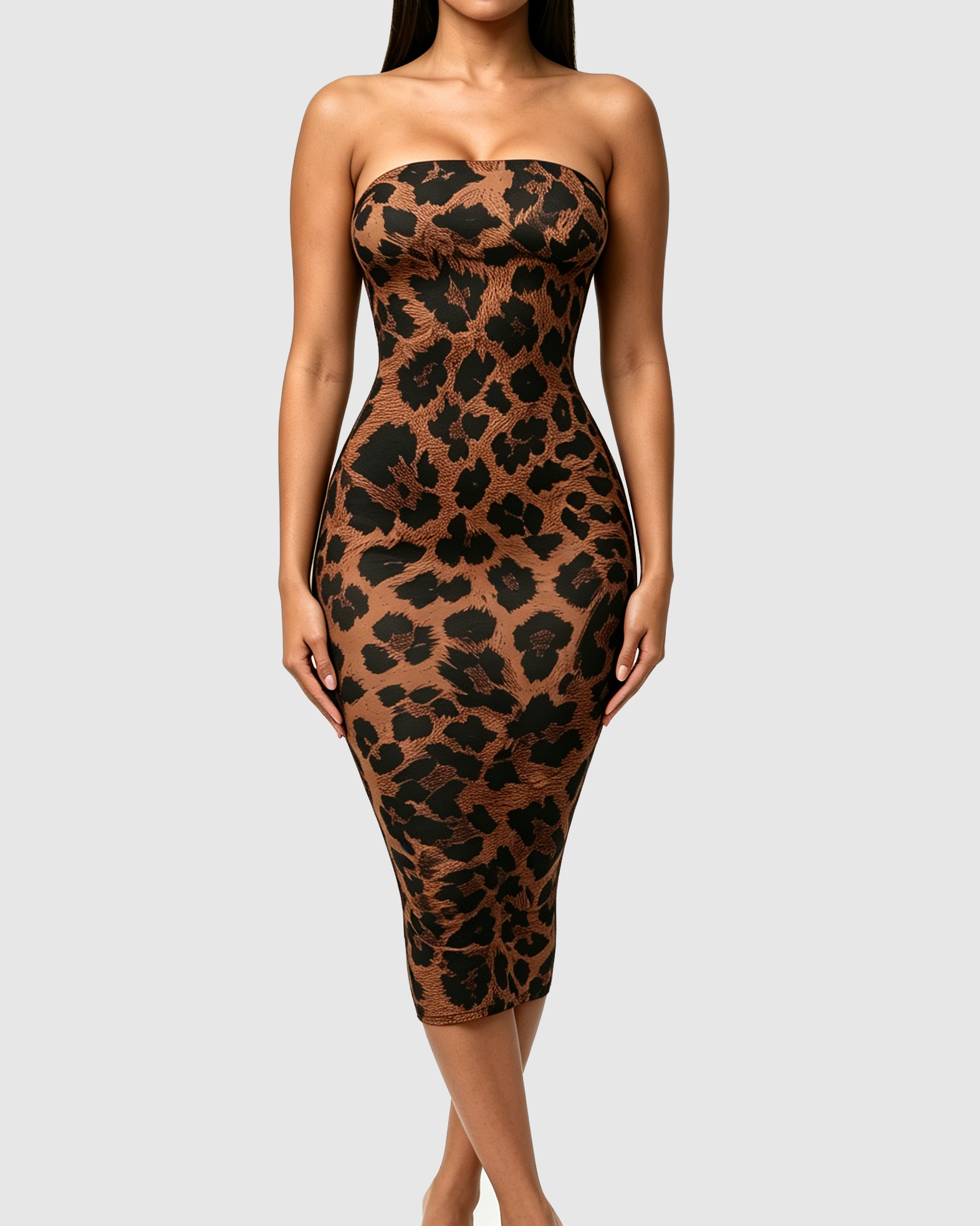 Leopard Print Strapless Tube Midi Dress - By Qivii