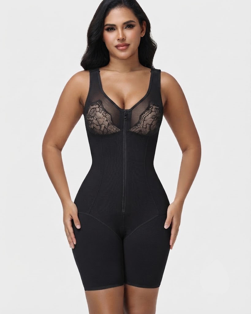 V Neck Lace Mesh Panel Mid Thigh Tummy Control Bodysuit Zipper Shapewear