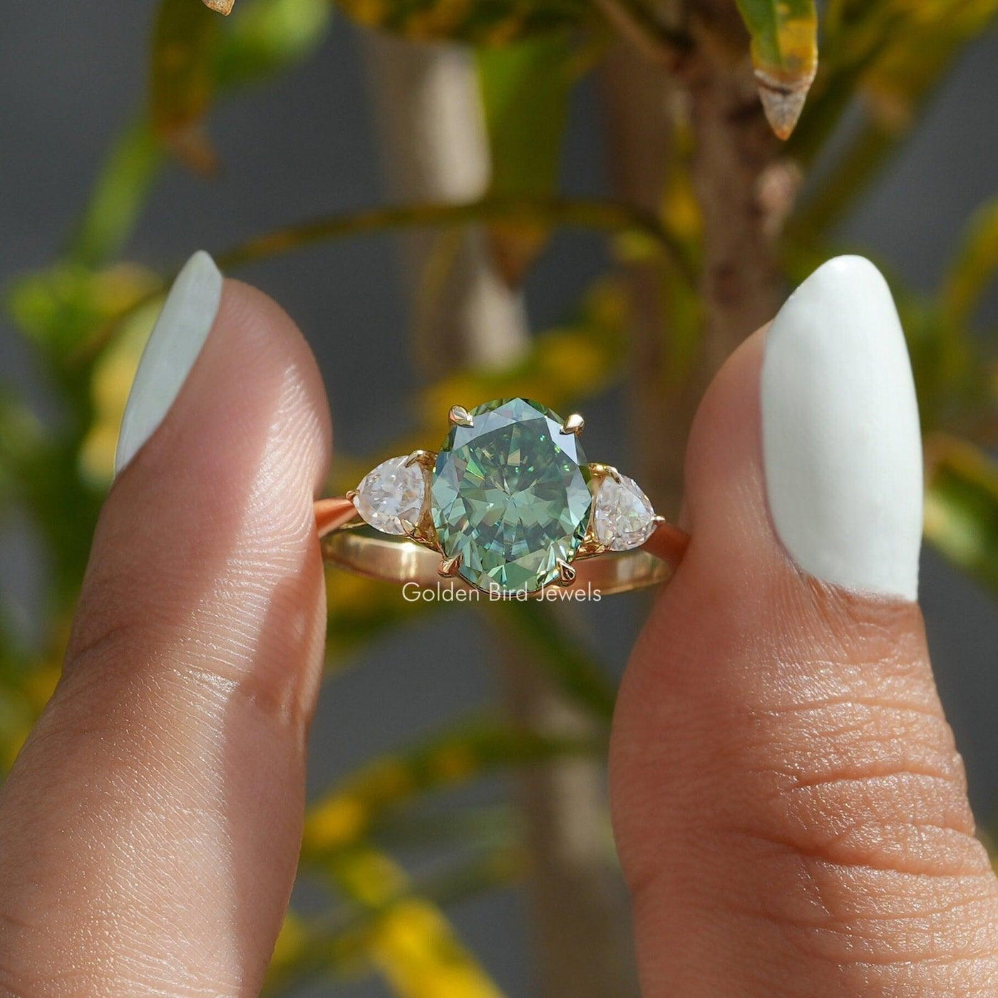 Trillion And Oval Cut Moissanite Ring / Three Stone Green Color Oval Cut Moissanite Engagement Ring - qivii