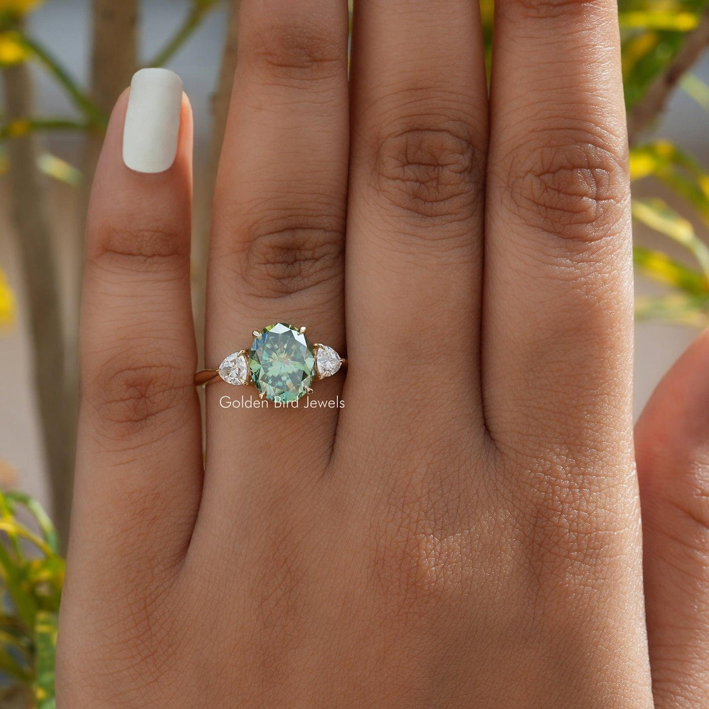 Trillion And Oval Cut Moissanite Ring / Three Stone Green Color Oval Cut Moissanite Engagement Ring - qivii