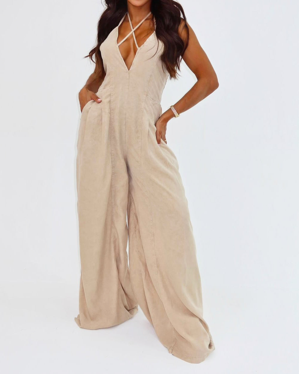 Criss Cross Halter Ruched Back Wide Leg Denim Jumpsuit - By Qivii