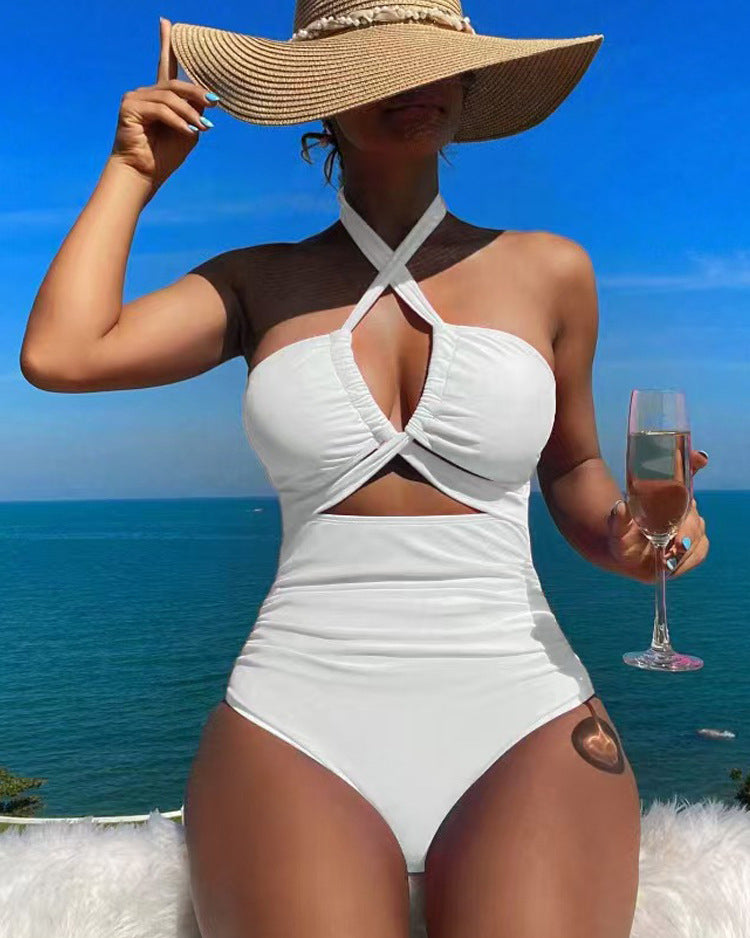 Cross Halter Ruched Front Cutout Backless One Piece Swimsuit - By Qivii