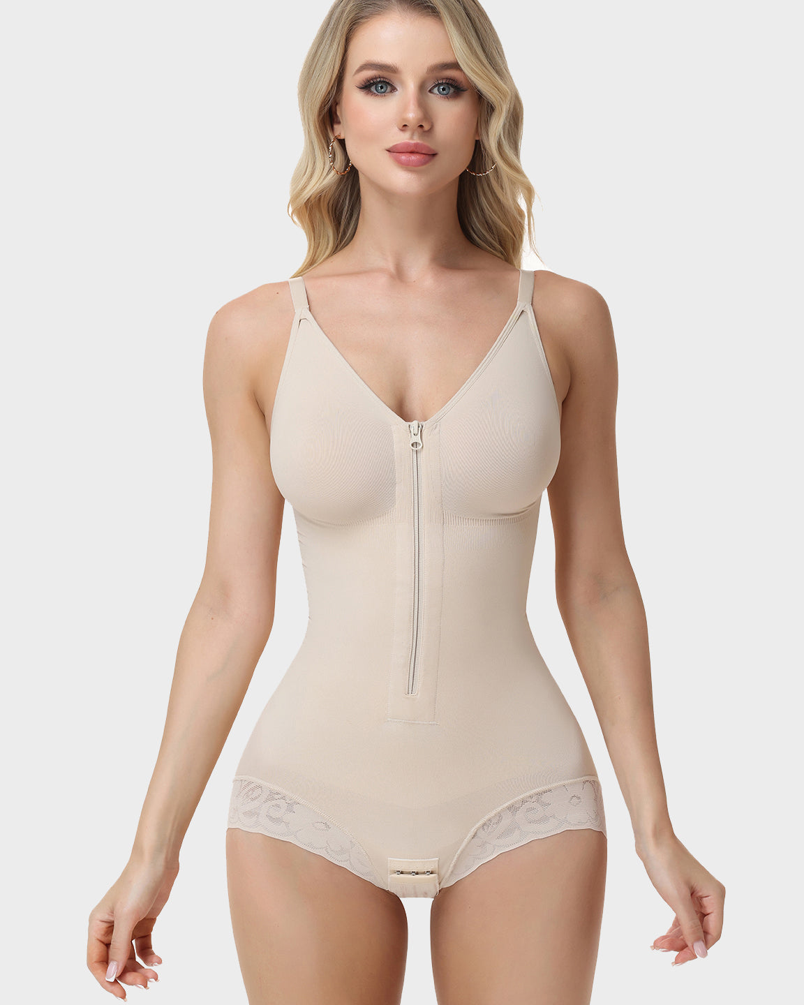 V Neck Adjustable Strap Tummy Control Butt Lifting Zipper Shaper