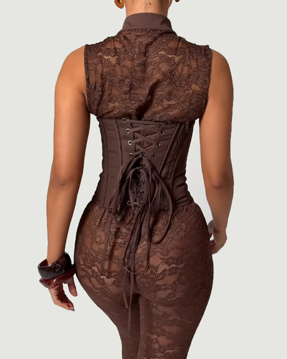 Sleeveless Lace Corset Capri Jumpsuit Two-piece Set - By Qivii