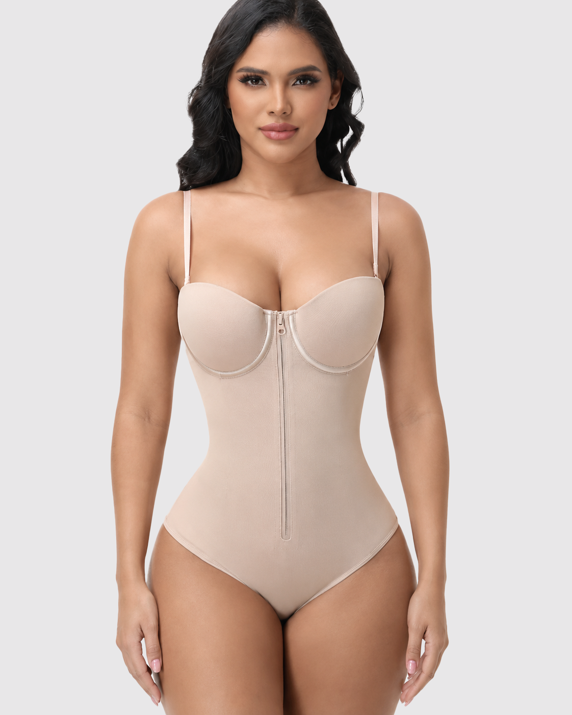 Front Zip Adjustable Strap Back Lace Up Bodysuit Tummy Control Shapewear